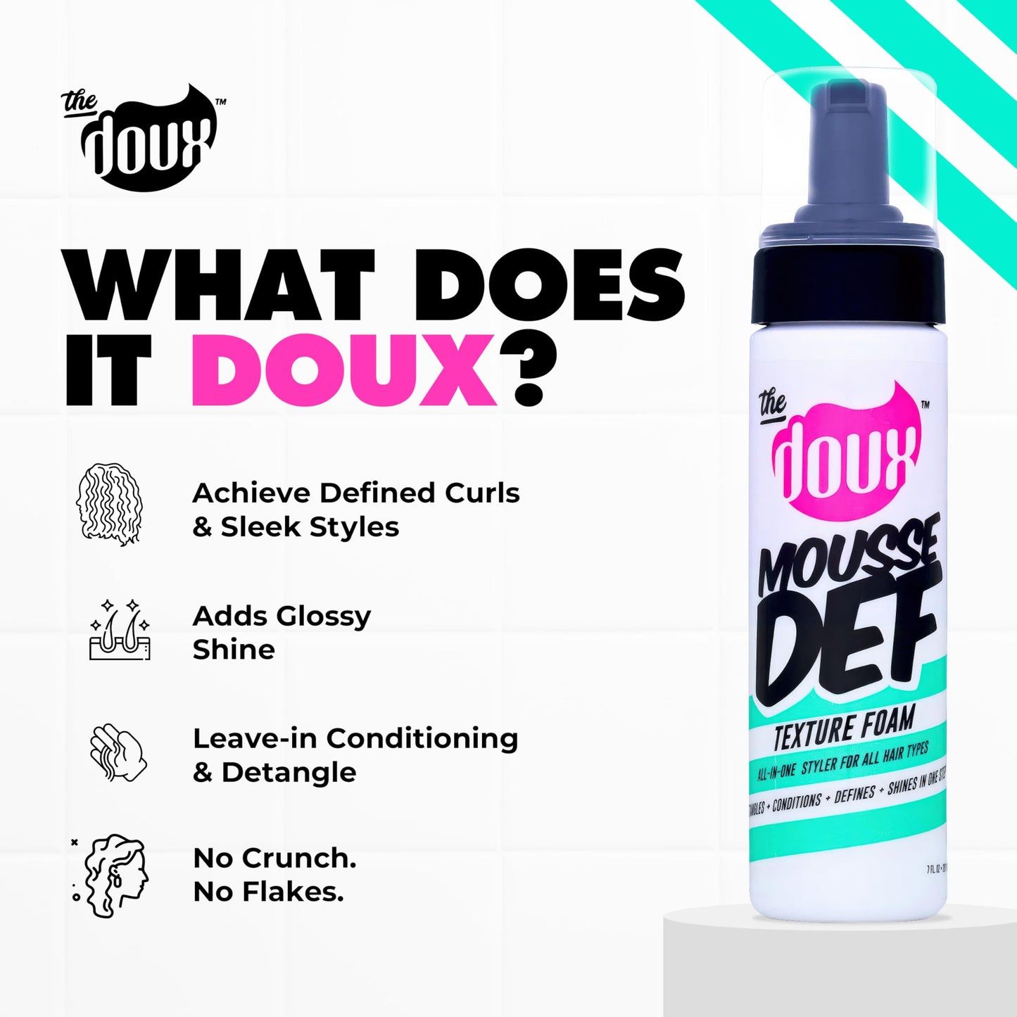 The Doux Multi-Use Mousse Def Texture Foam – Styling Mousse for Curly & Textured Hair, Adds Curl Definition, Volume & Shine, Curl Cream Alternative