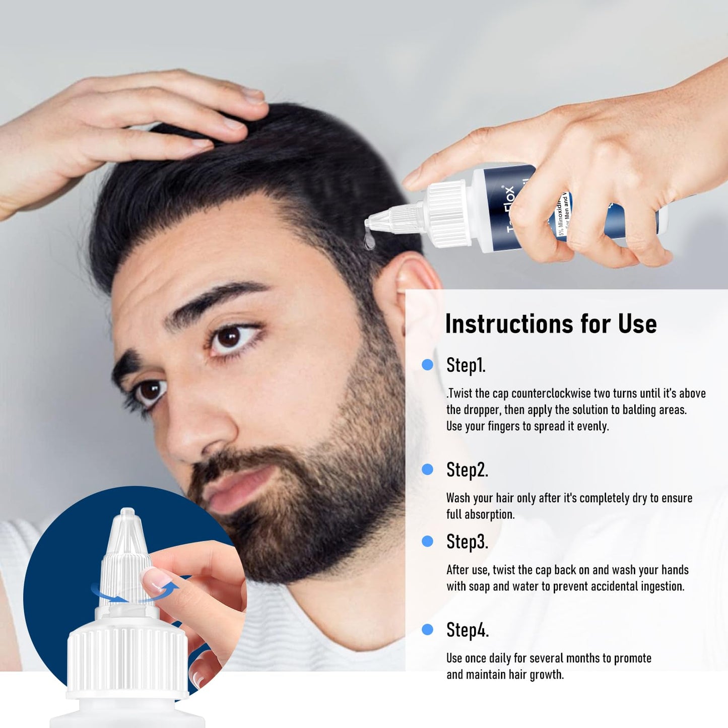 Tecflox 5% Minoxidil Hair Growth Serum with Biotin – For Men & Women, Beard & Scalp Treatment, 4-Pack (8 Fl Oz, 8-Month Supply, White)