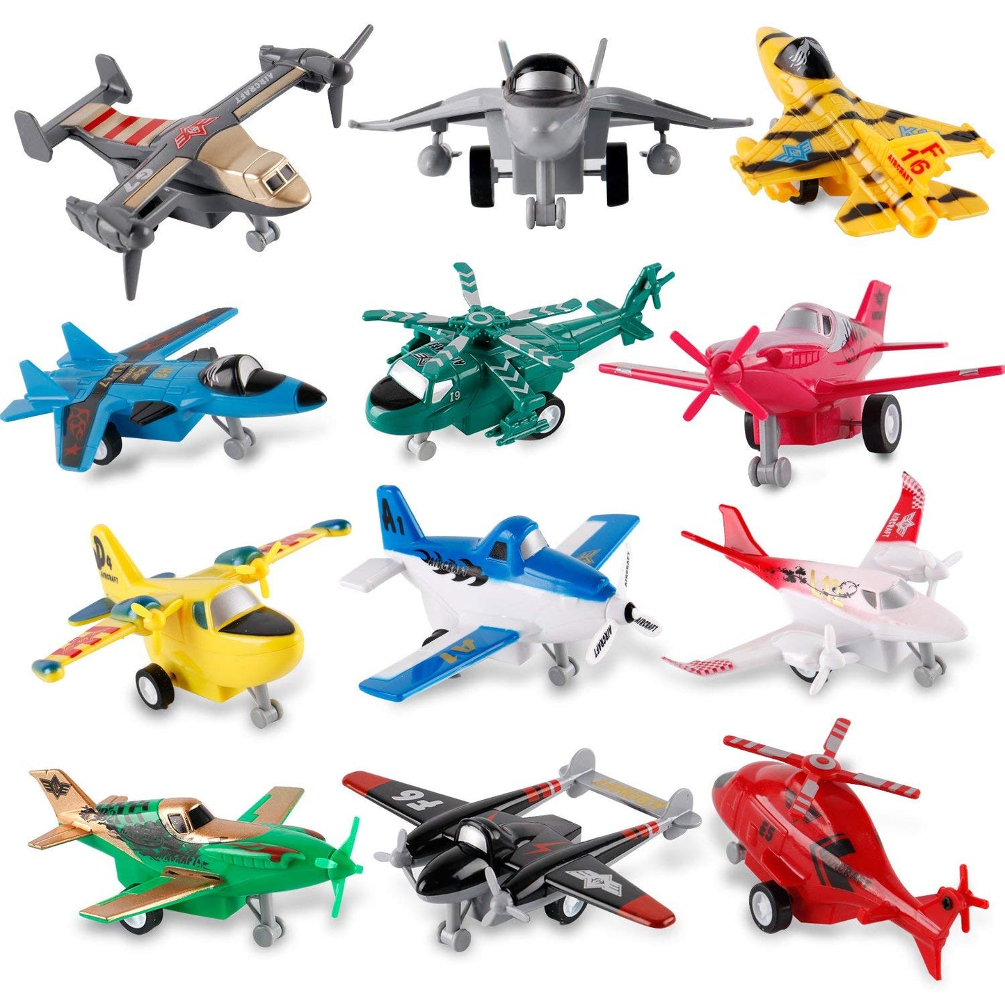 Liberty Imports Pull Back Airplanes Toy Set – 12 Pack of Jets, Bombers, Helicopters & Planes for Kids, Toddlers, Party Favors & Gifts