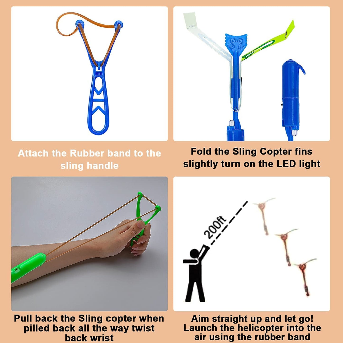 Rocket Copters Slingshot LED Light Up Helicopters, 6 Copters and 3 Launchers - As Seen on TV for Unisex Children