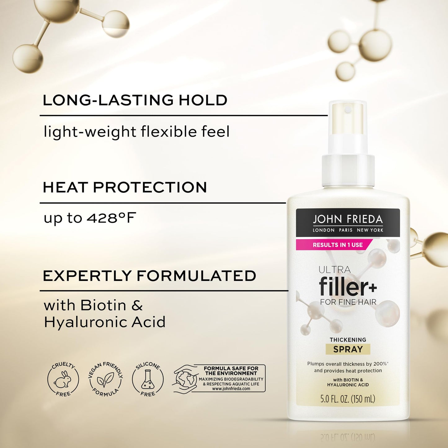 John Frieda ULTRAfiller+ Thickening Spray | For Thin or Damaged Hair | With Biotin & Hyaluronic Acid | Strengthens & Adds Fullness | 5 Oz