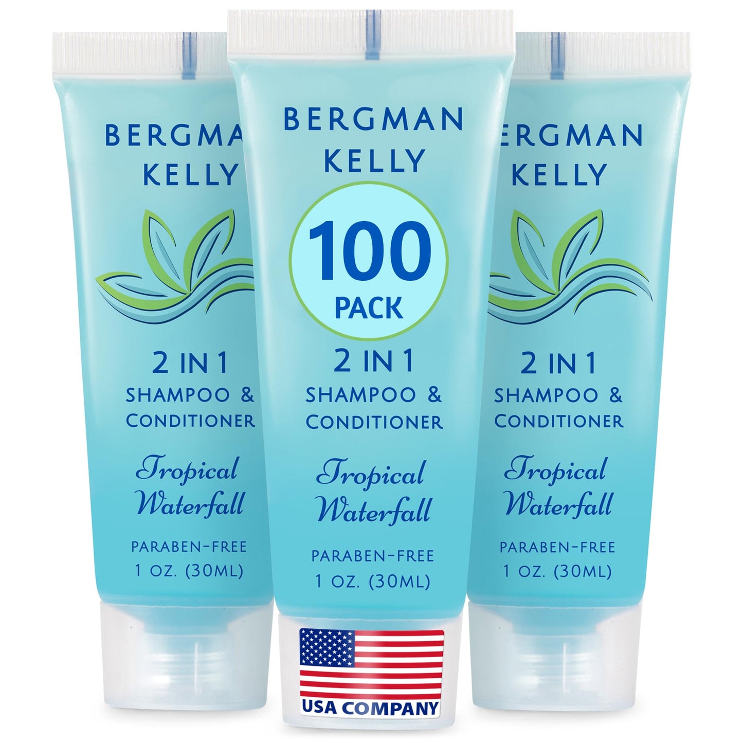 Bergman Kelly Travel Size 2-in-1 Shampoo & Conditioner, Tropical Waterfall Scent, 1 fl oz (100 Pack) – Refreshing Hotel Toiletries Bulk Set