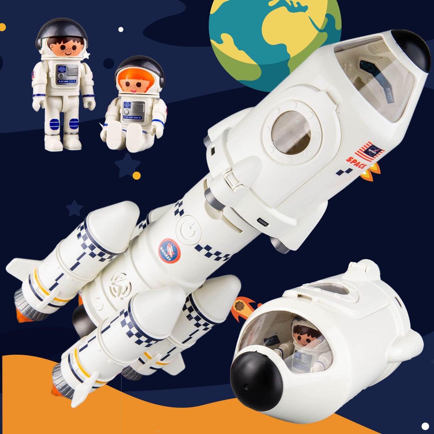 WAKAKAC Space Rocket Toys for Kids - 5-in-1 Adventure Set with 2 Astronauts, Projection Lamp & Space Shuttle Model Gift for Boys & Girls 3+
