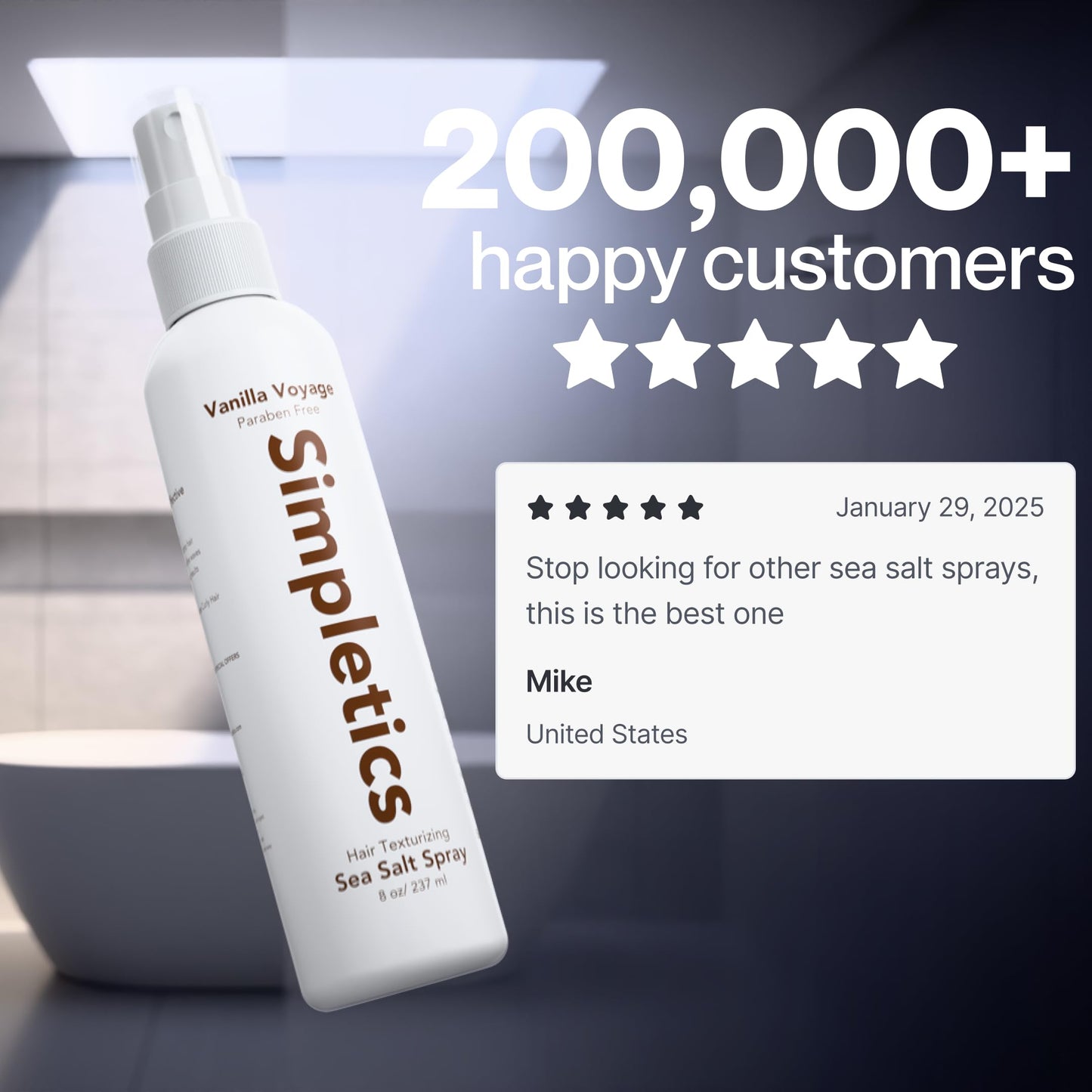 Himalayan Sea Salt Spray for Straight & Wavy Hair | Natural 5-Ingredient Texturizing & Volumizing Mist | Vanilla Scent | Beach Waves for Men & Women, 237ml