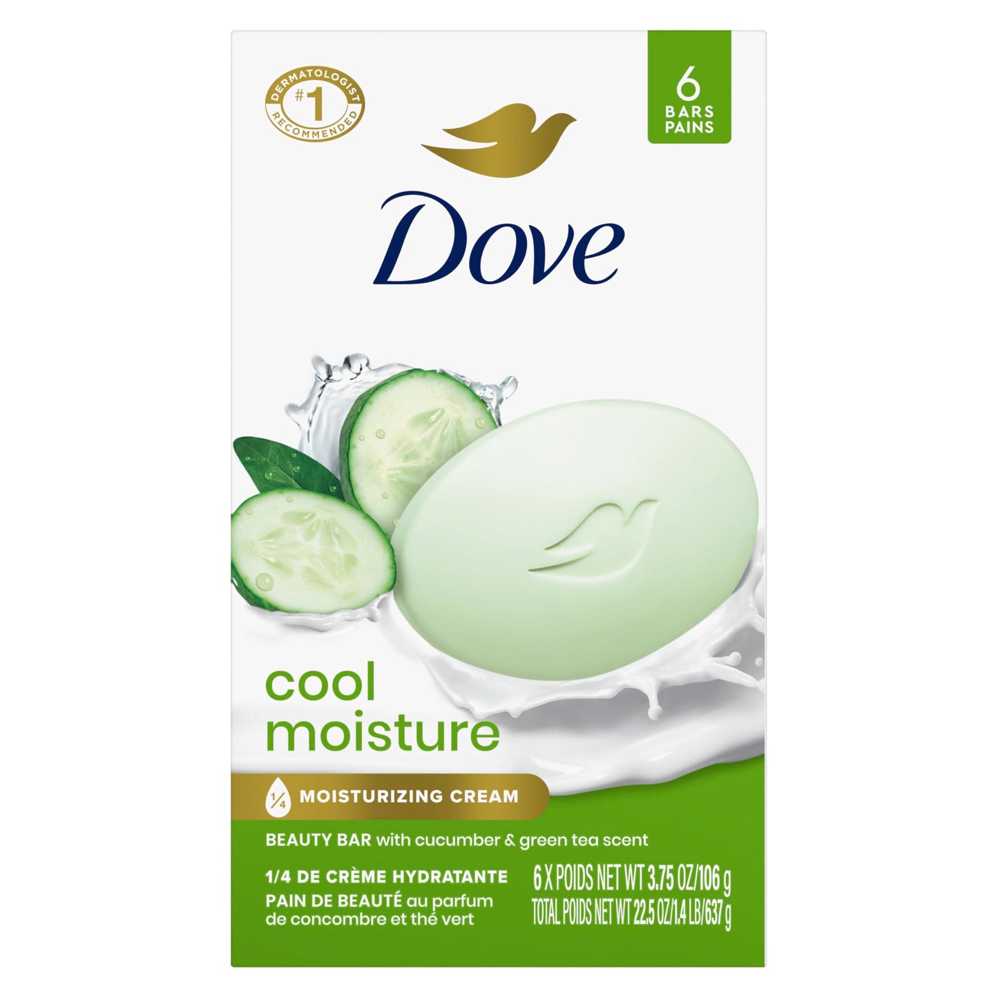 Dove Beauty Bar Soap Cool Moisture Cucumber & Green Tea Scent 6 Count for Refreshed Skin, Leaves Skin Refreshed 3.75 oz