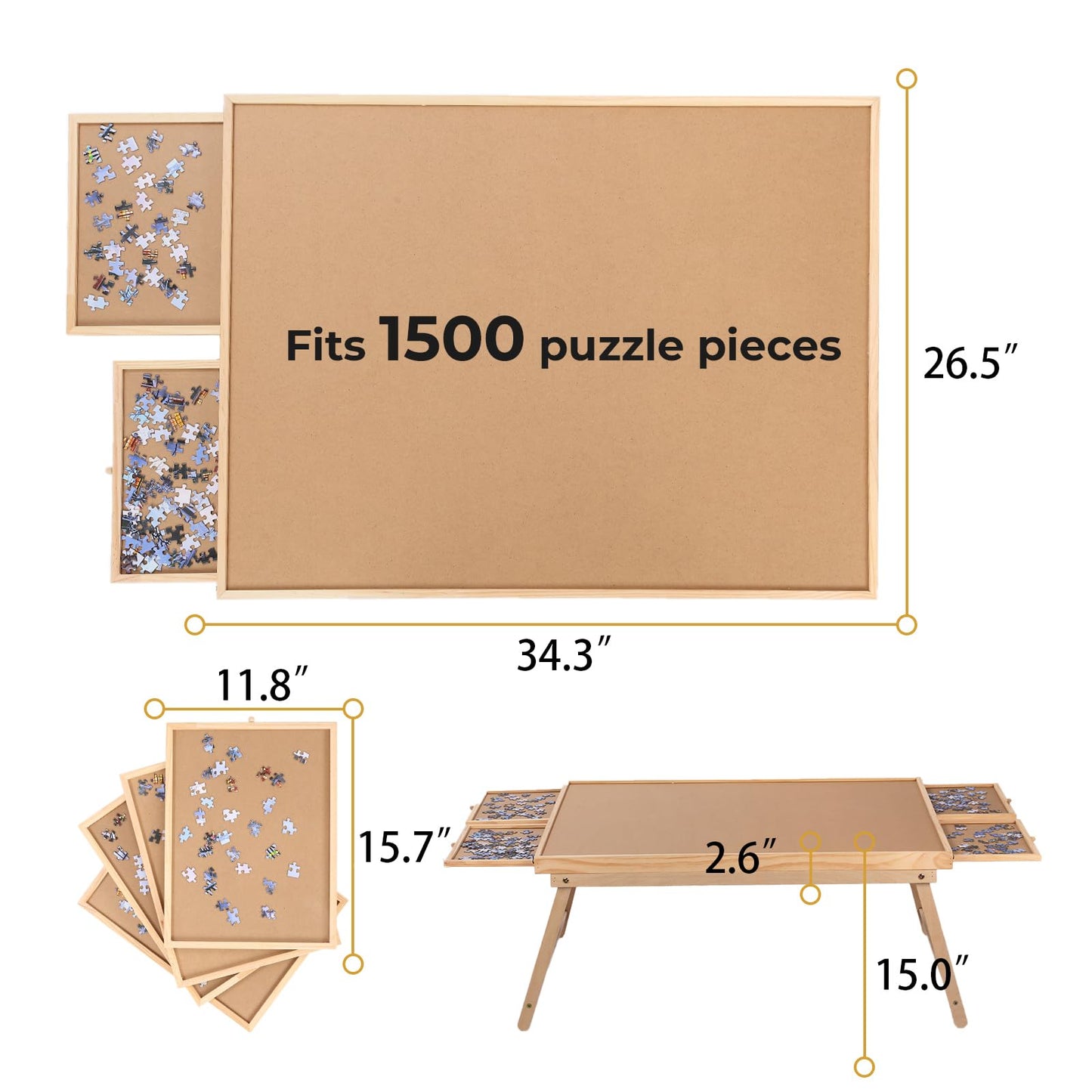 Yacona 1500-Piece Jigsaw Puzzle Board 34.3"x26.5" with 4 Drawers, Cover & Folding Legs – Portable Table for Teens & Adults, No Setup Needed