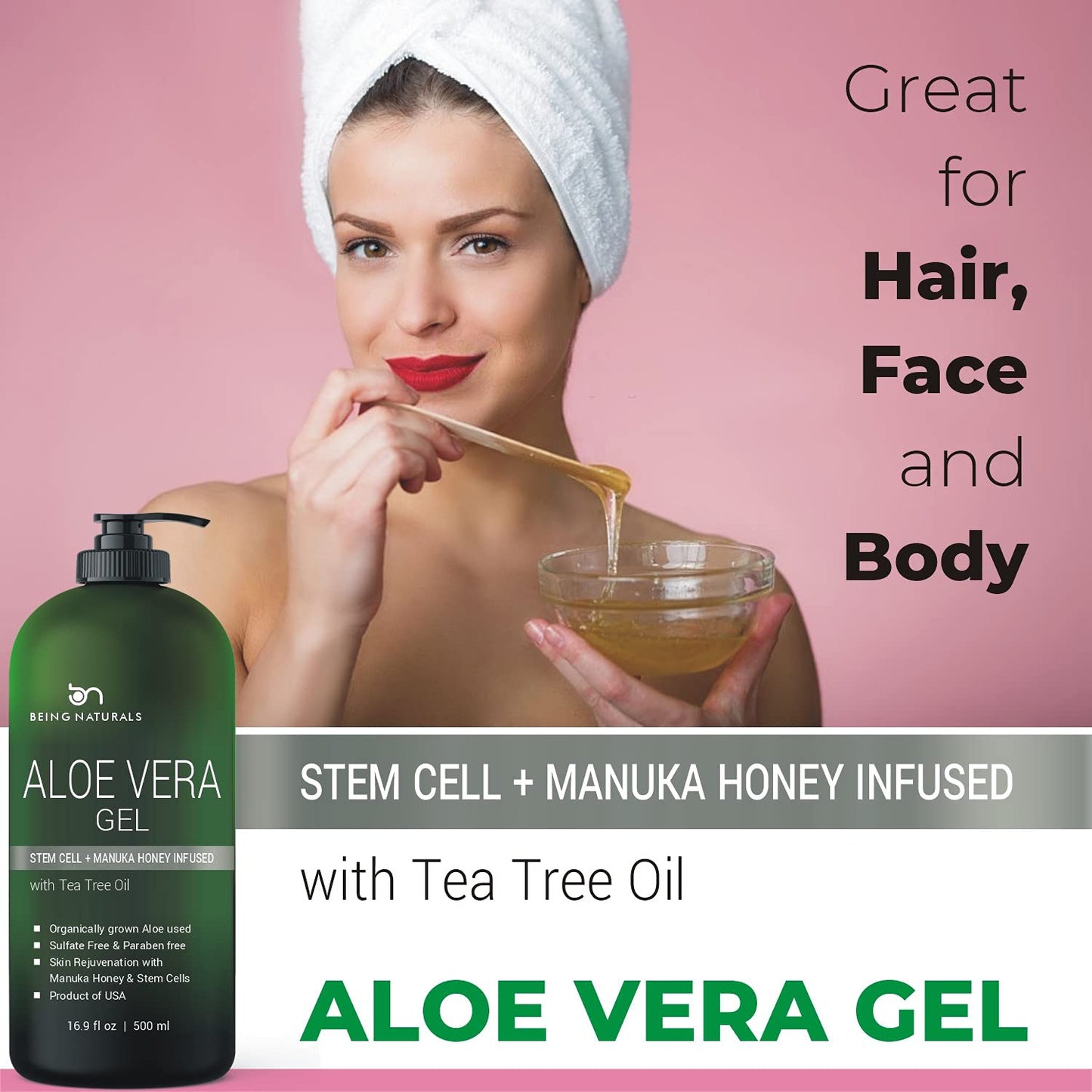 100% Pure Organic Aloe Vera Gel with Manuka Honey, Tea Tree & Stem Cells – Natural Moisturizer for Face, Body, Hair, Sunburn & Acne, 16.9 fl oz