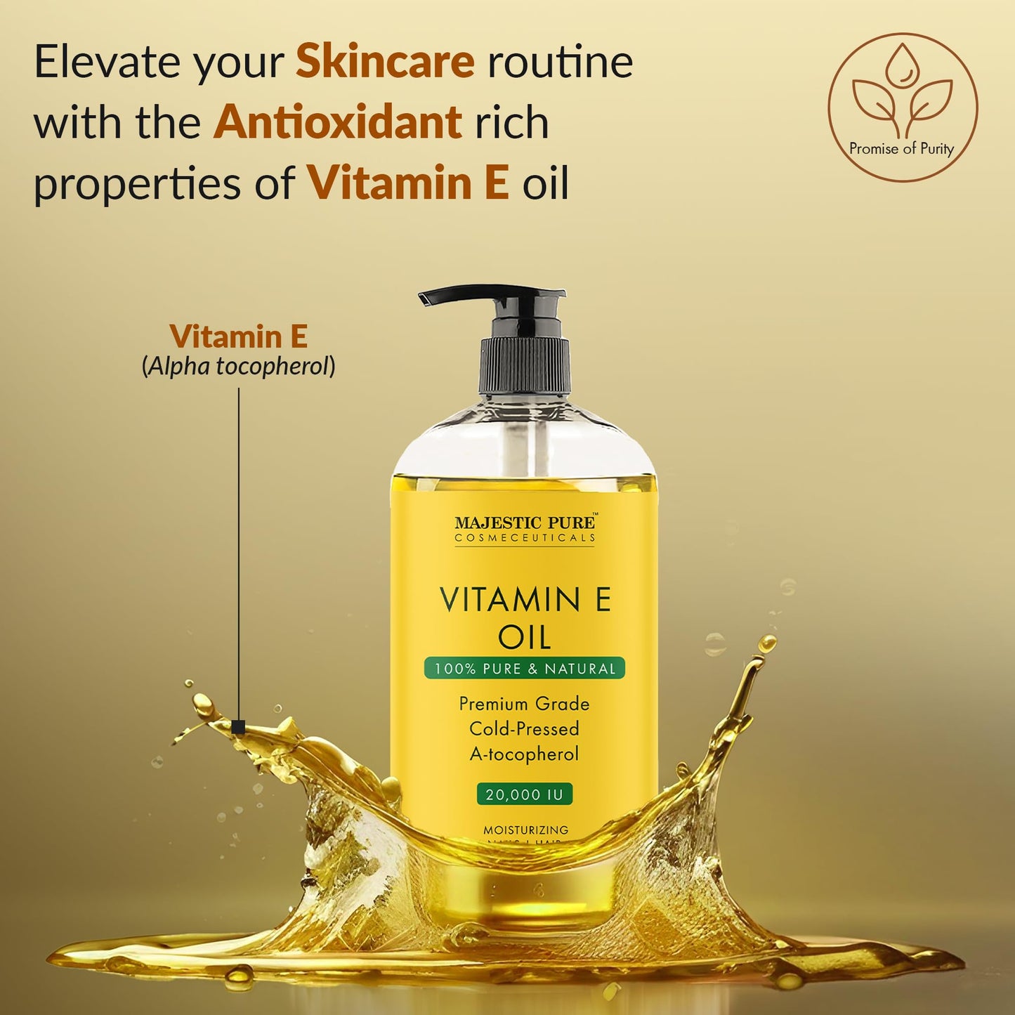 Majestic Pure Vitamin E Oil 20,000 IU - 100% Pure, Natural, Cold-Pressed, Tocopherol for Dry Skin, Hair & Scalp, 8 Fl Oz