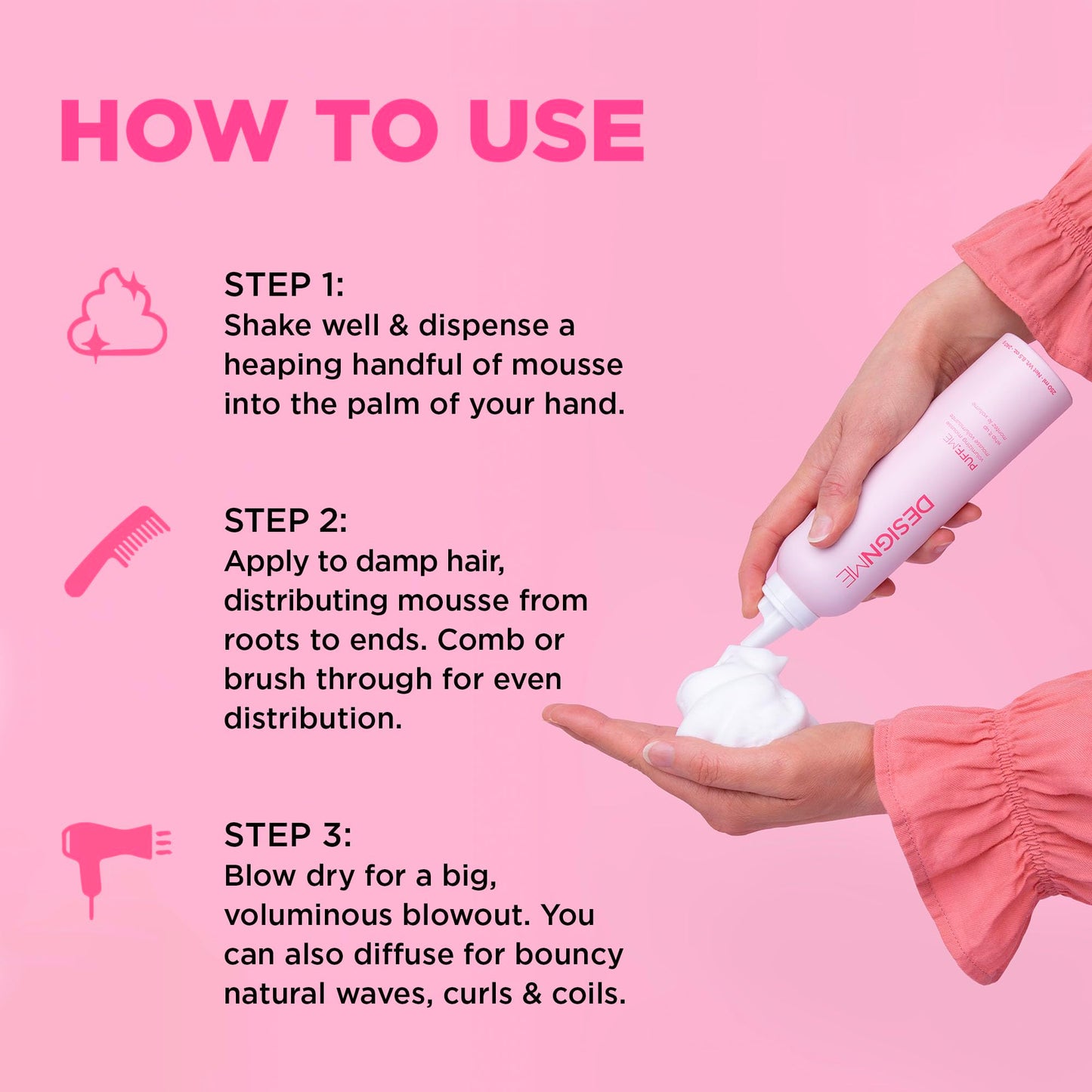 Design.Me PUFF.ME Volumizing Hair Mousse | Lightweight Flexible Hold for Fine Hair | Boosts Volume & Shine with Vitamins B5 & E | 250mL, Sulfate-Free