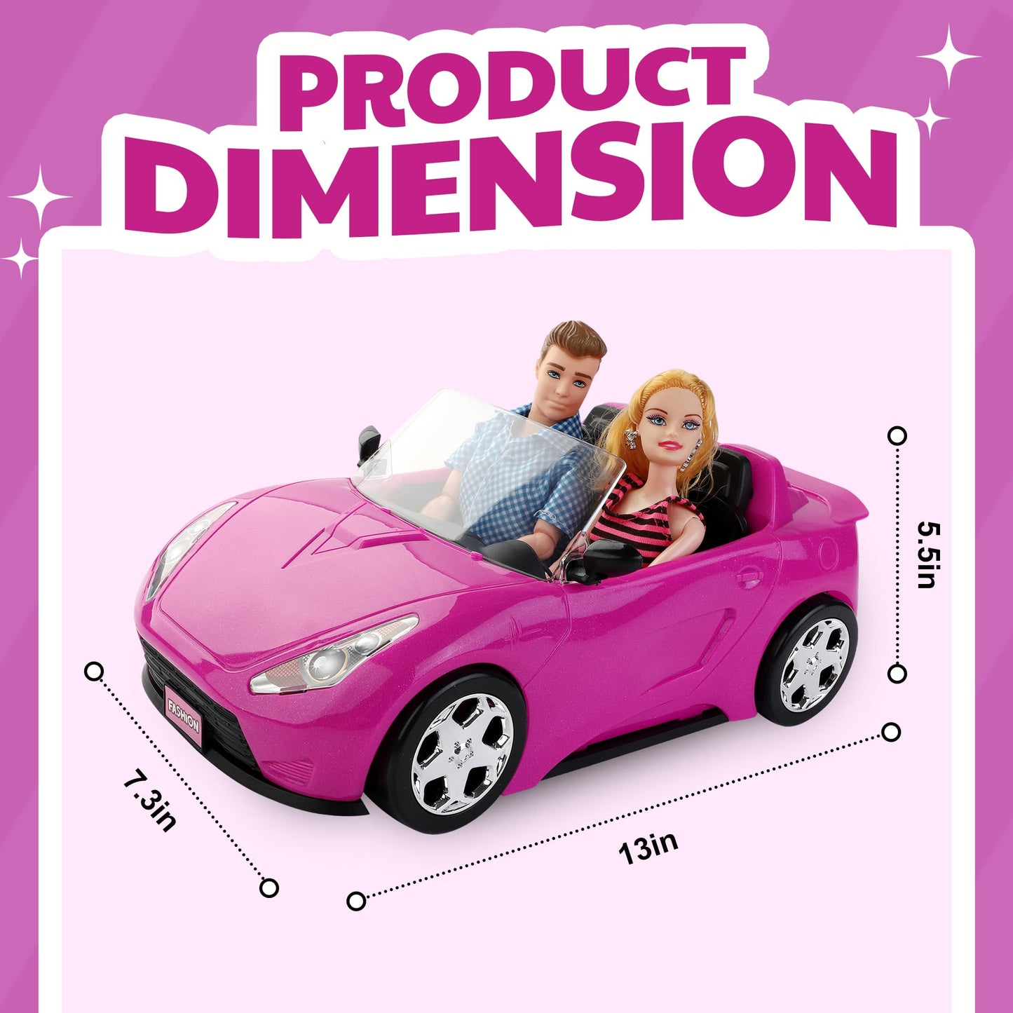 Liberty Imports Doll-Sized Convertible Car for Dolls – 2-Seater Pink Vehicle with Rolling Wheels, Seat Belts w/ Two 11.5" Dolls Included