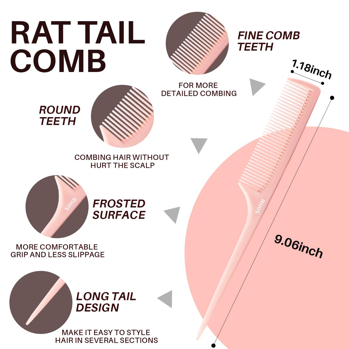 RHOS Rat Tail Comb for Parting, Fine Tooth Teasing Comb with Pick, 2 Pack Hair Styling Combs Set for Women and Men, Pink & Purple, Plastic, Unisex