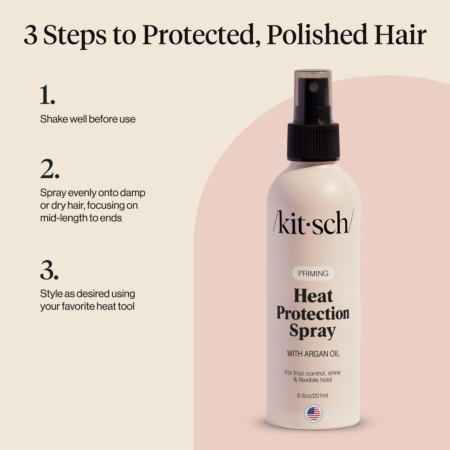 Kitsch Heat Protectant Spray for Hair with Argan Oil – Shields Up to 450°F – Fights Frizz, Adds Shine & Prevents Damage – 6.8 fl oz