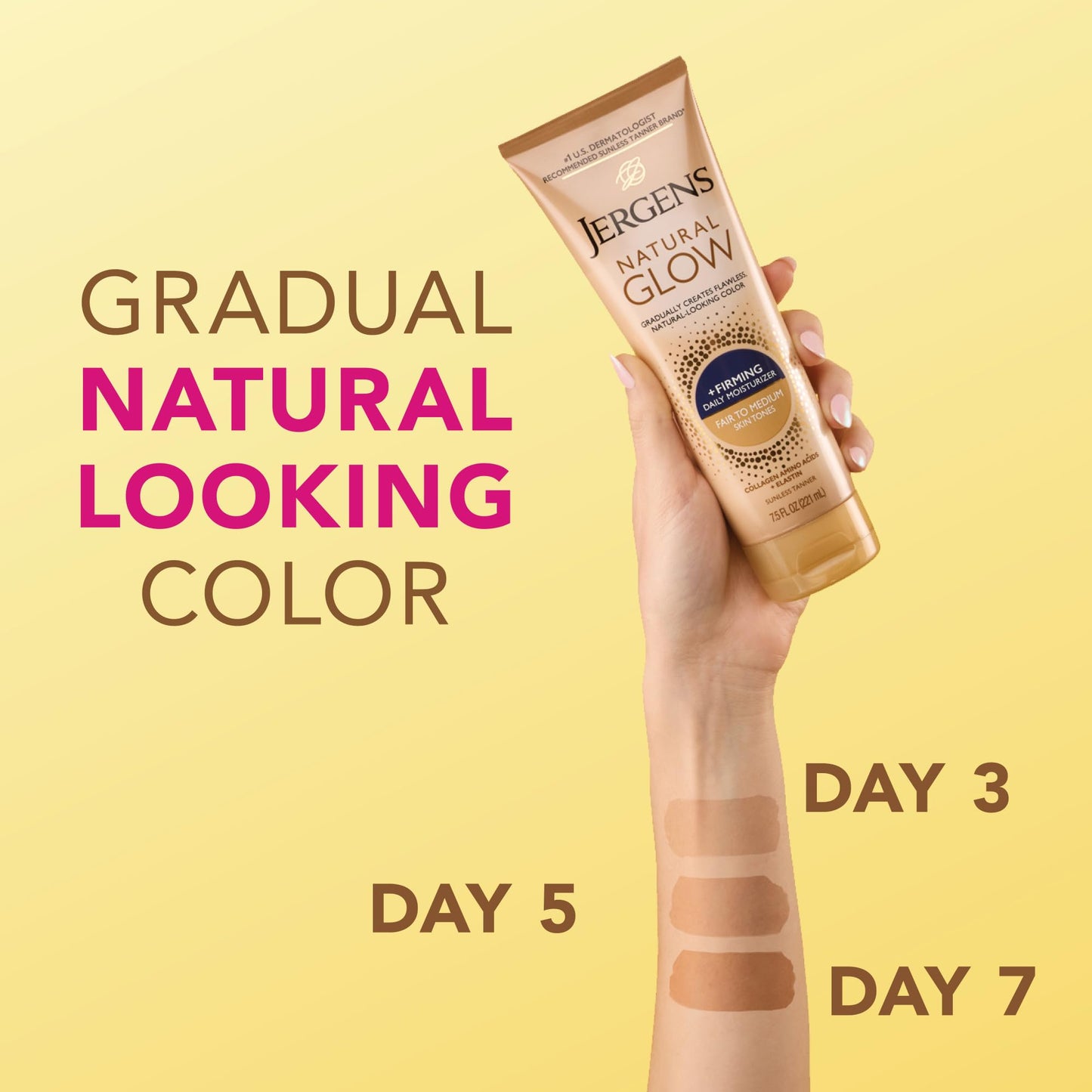 Jergens Natural Glow + Firming Self-Tanner Lotion for Fair to Medium Skin – Sunless Moisturizer with Collagen & Elastin, Reduces Cellulite, 7.5 Fl Oz