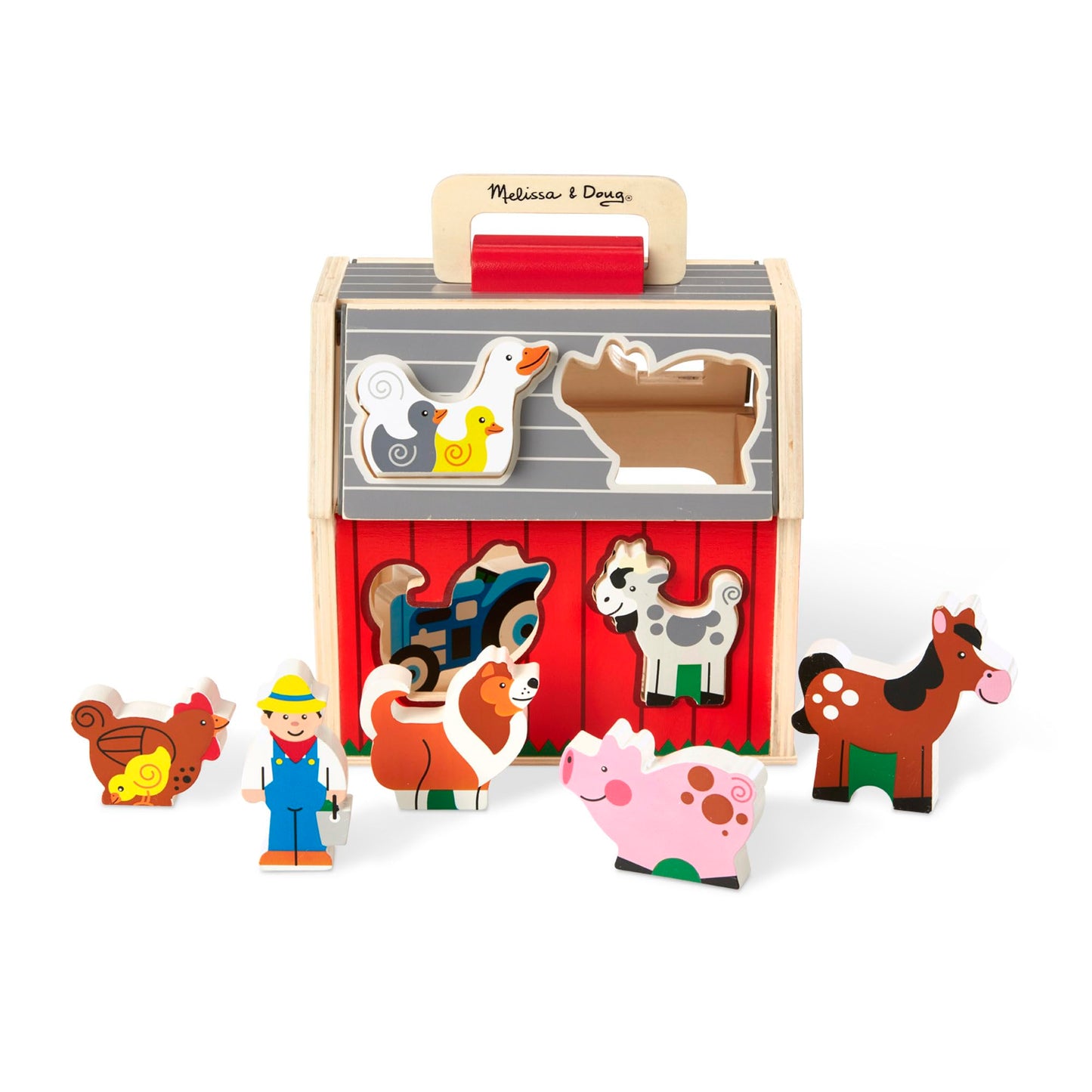 Melissa & Doug Take-Along Wooden Toy Barn, 11-Pc Portable Toddler Playset with Farm Animals & Pop-Up Roof, Preschool Learning Toys for Girls & Boys 2+