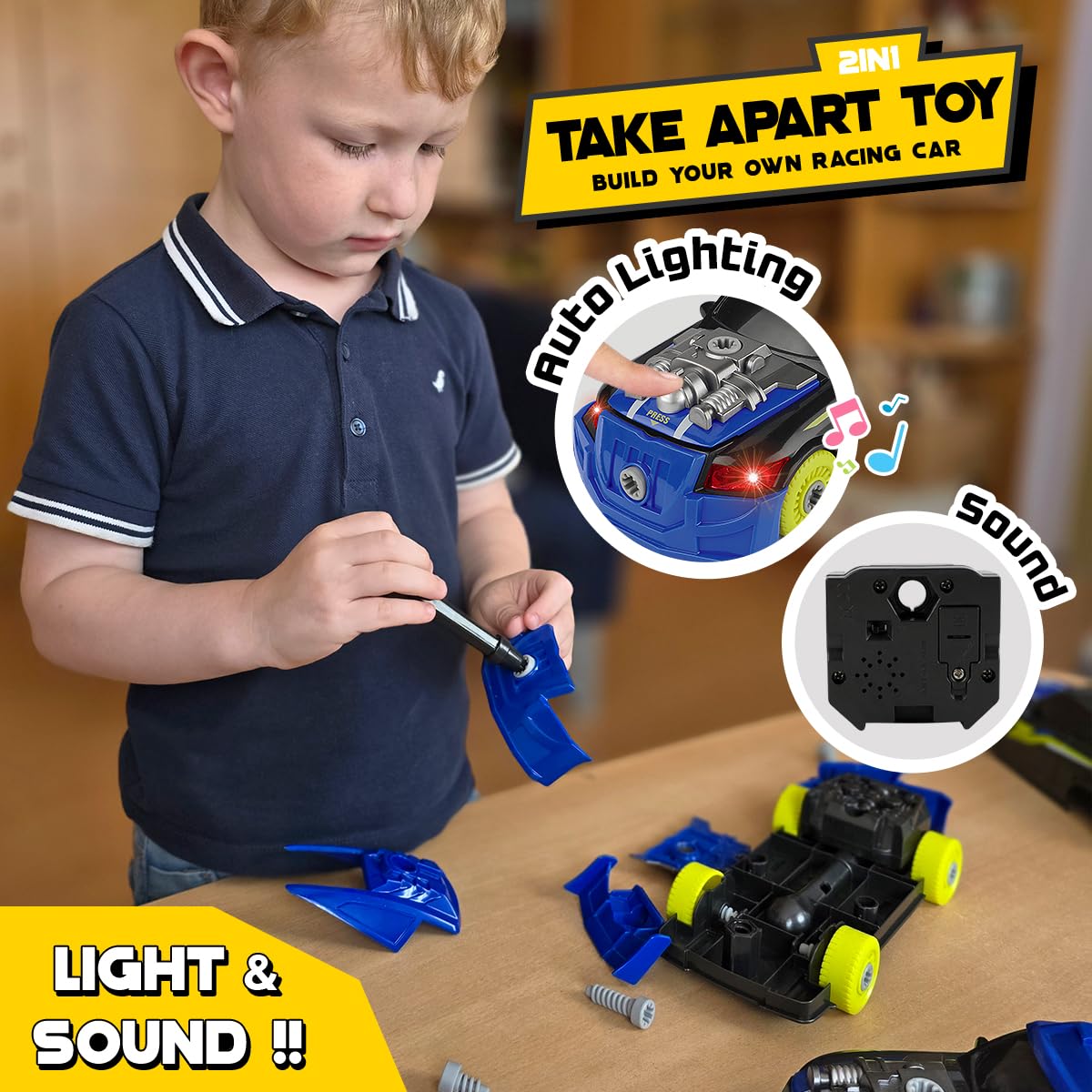GILOBABY 26-Piece Take Apart Racing Car Toy with Drill, Lights & Sounds – STEM Building & Educational Gift for Boys Ages 3-5