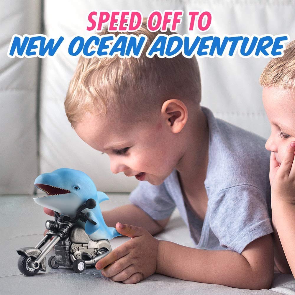 DINOBROS Shark Toy Car 2 Pack Friction Powered Motorcycle Monster Sea Animal Game Great White Shark and Dolphin Toys