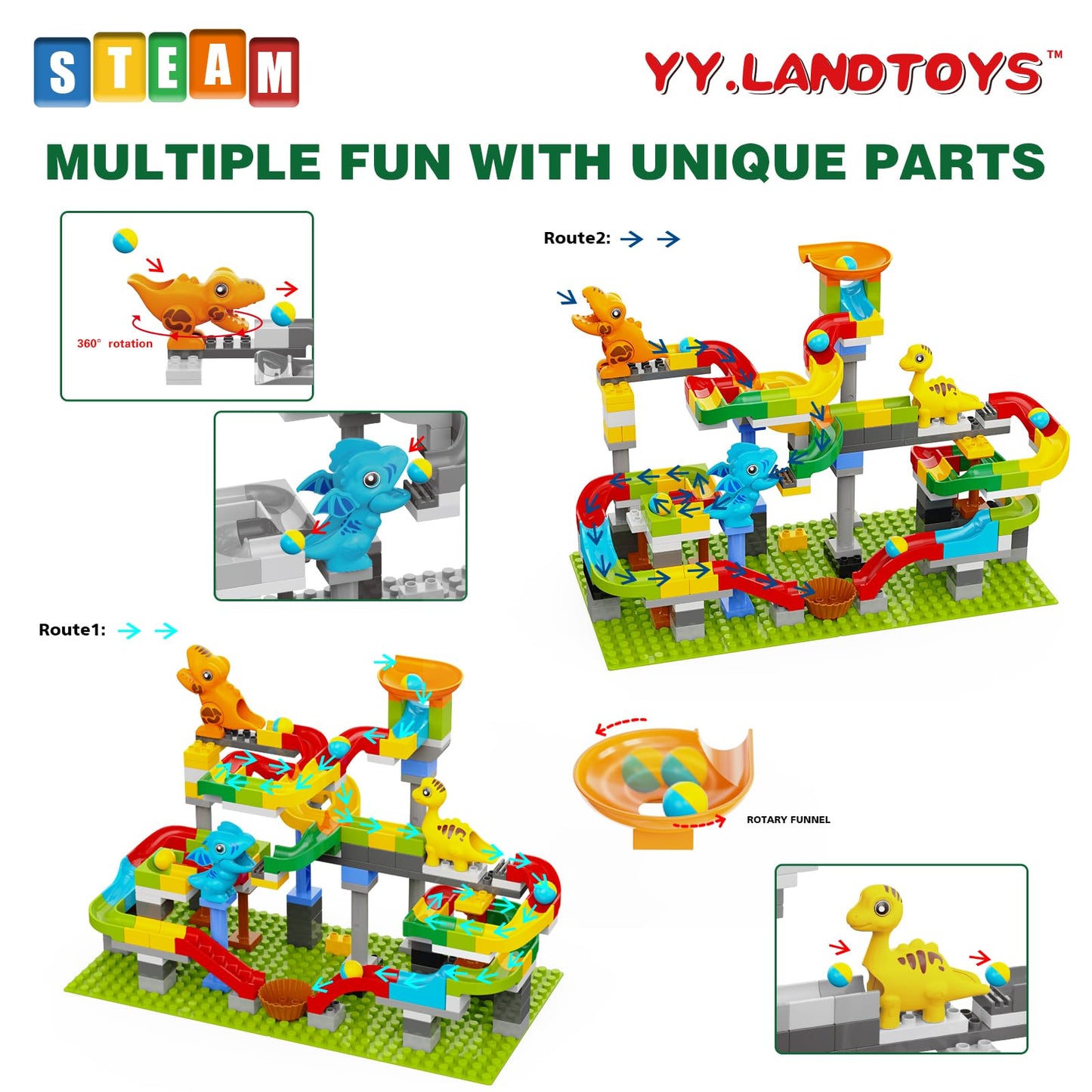 Dinosaur Marble Run Building Blocks 148PCS – STEM Learning Toy for Kids 3-8, Montessori Educational, Compatible with Lego DUPLO, Gift Idea