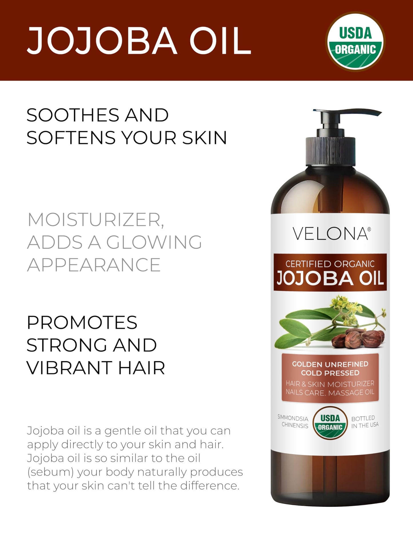 Velona Jojoba Oil 16 fl oz with Pump - 100% Pure Organic, Cold-Pressed, Hexane-Free, Unrefined Golden Oil for Face, Hair & Body Care