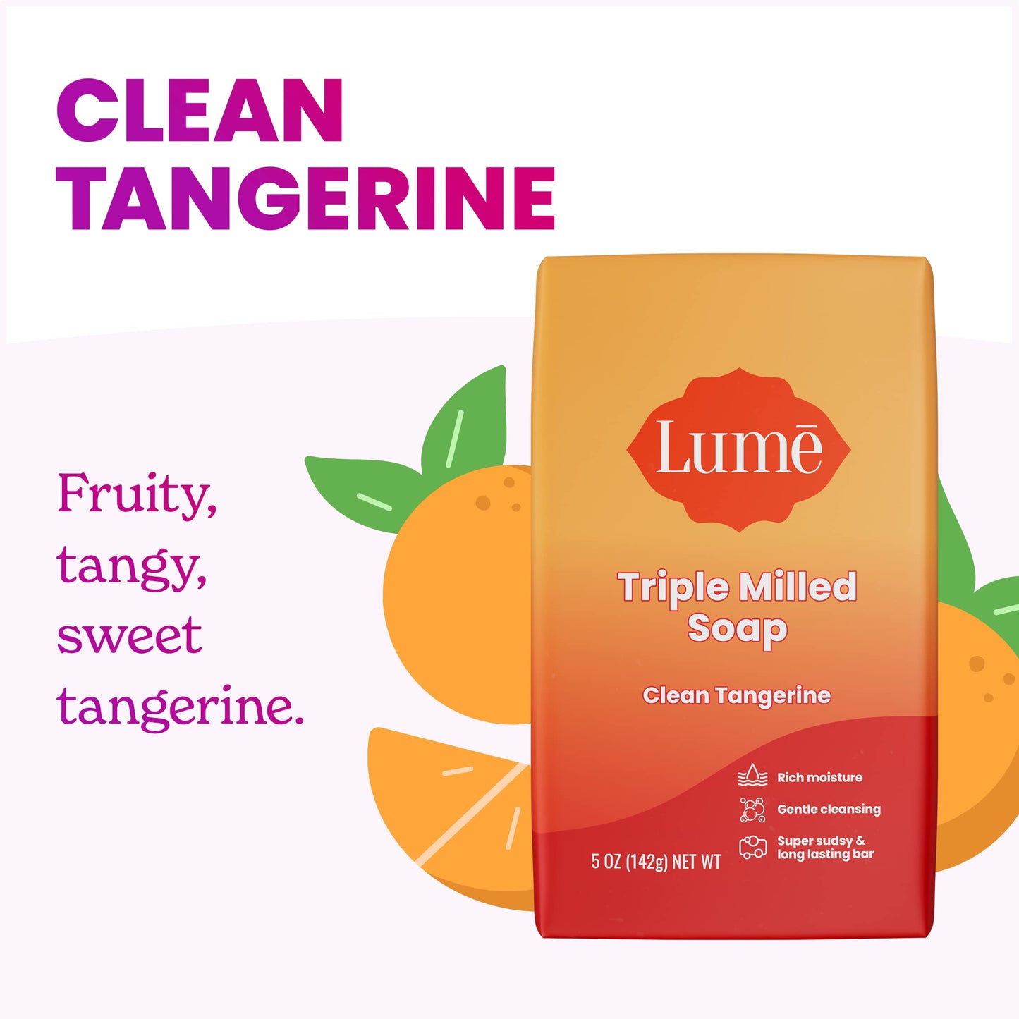 Lume Triple Milled Bar Soap - Rich Moisture & Gentle Cleansing - Paraben Free, Phthalate Free, Skin Safe - 5 ounce (Clean Tangerine)