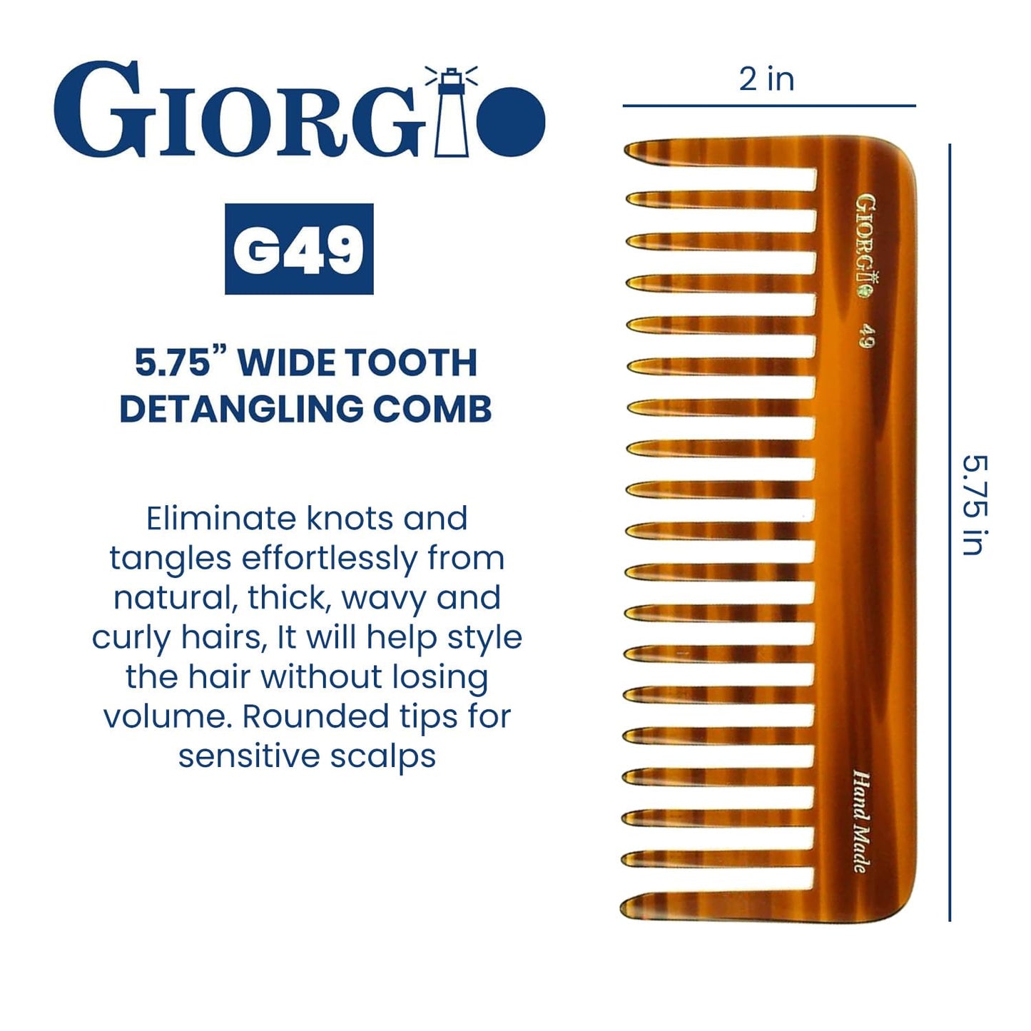 Giorgio G49 Large 5.75" Wide Tooth Detangling Comb for Thick, Curly & Wavy Hair – Handmade Cellulose, Saw-Cut & Polished Tortoise Shell