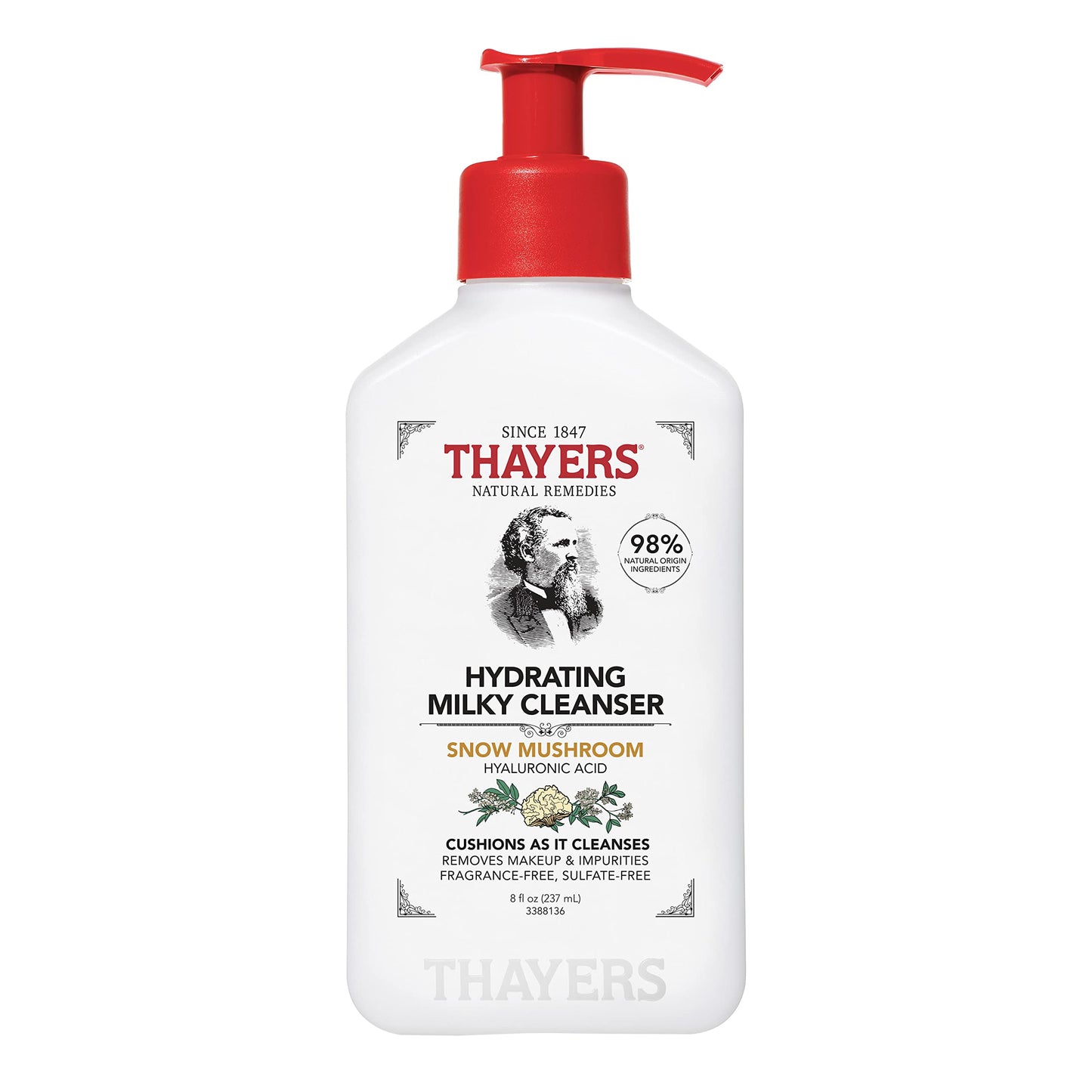 Thayers Milky Hydrating Face Cleanser with Snow Mushroom & Hyaluronic Acid – Gentle, Paraben-Free Facial Wash for Dry, Sensitive Skin, 8 fl oz