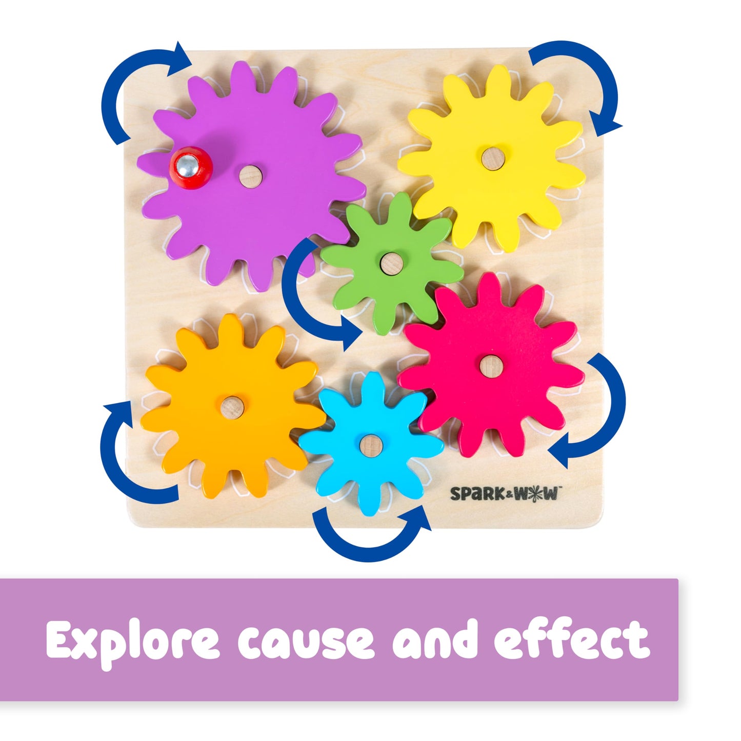 SPARK & WOW Spinny Gears | Wooden Gear Board with 6 Pieces in 3 Sizes | Cause and Effect Toys | Create Colorful, Spinning Combinations