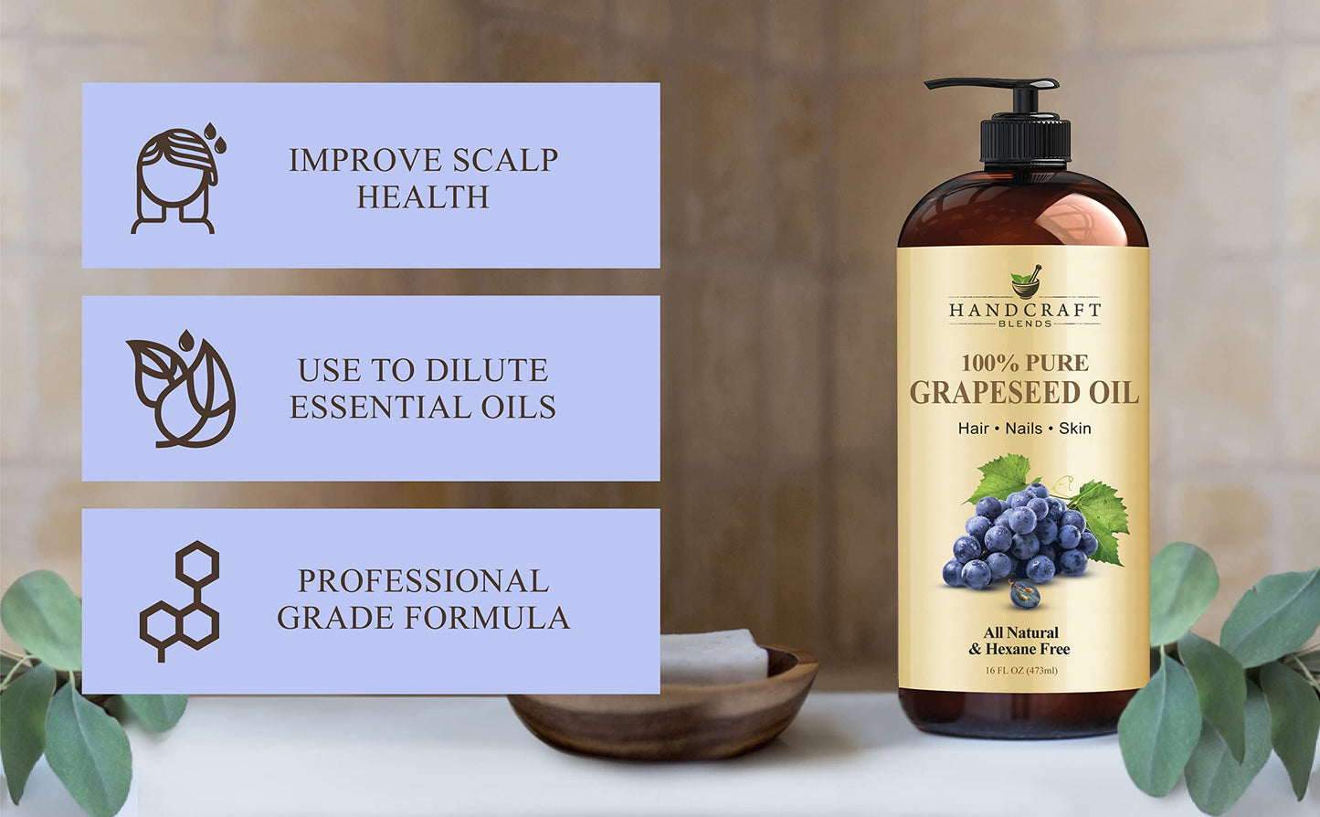 Handcraft Blends Grapeseed Oil 16 fl oz – 100% Pure Cold-Pressed Carrier Oil for Skin, Hair & Body, Massage, Hexane-Free, Natural & Premium