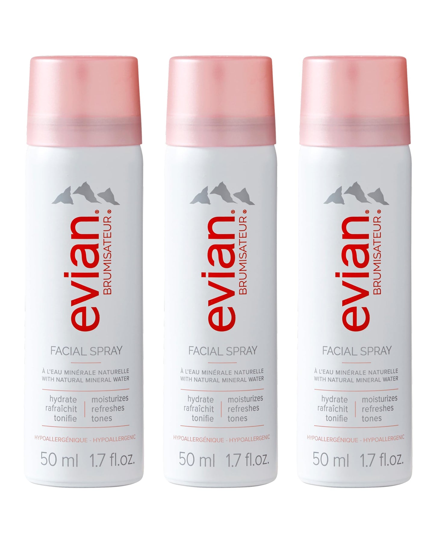 Evian Facial Spray Travel Trio 1.7 oz – Hydrating Mineral Water Mist for Face & Skin, Refreshes Makeup, TSA-Approved Mini Spray