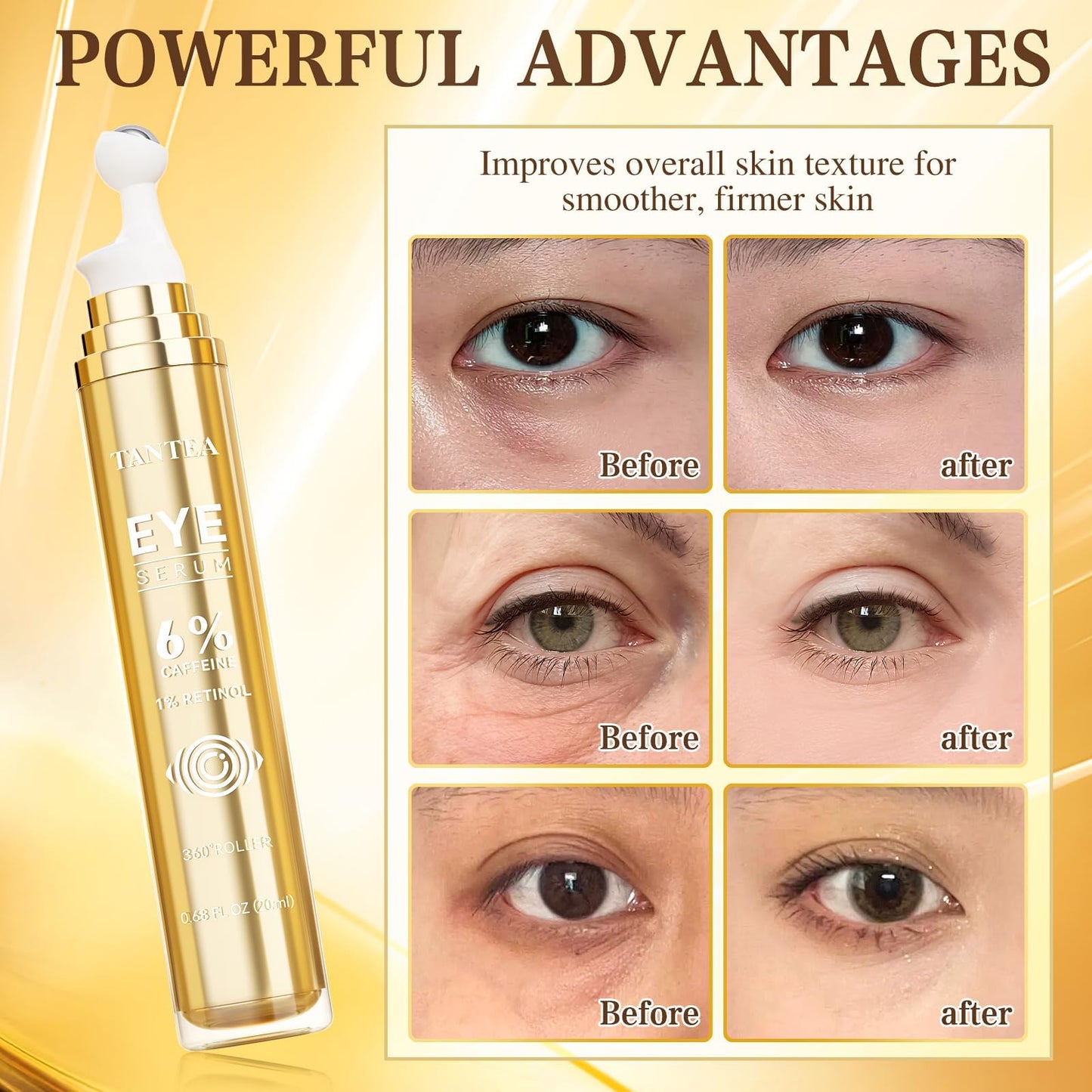 6% Caffeine Eye Cream for Dark Circles & Puffiness, 1% Retinol Eye Serum for Under Eyes Bags, Anti-Aging Eyes Cream for Men and Women