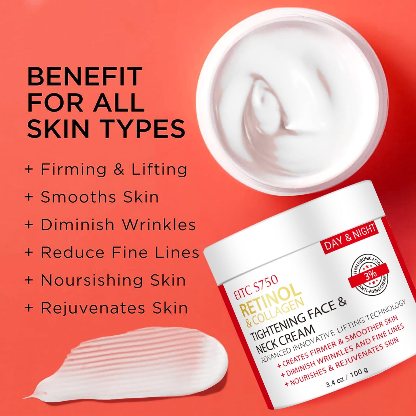 Retinol Face & Neck Cream – Anti-Aging, Firming & Tightening with Collagen & Hyaluronic Acid, Instant Lift & Wrinkle Repair, 3.4 fl. oz