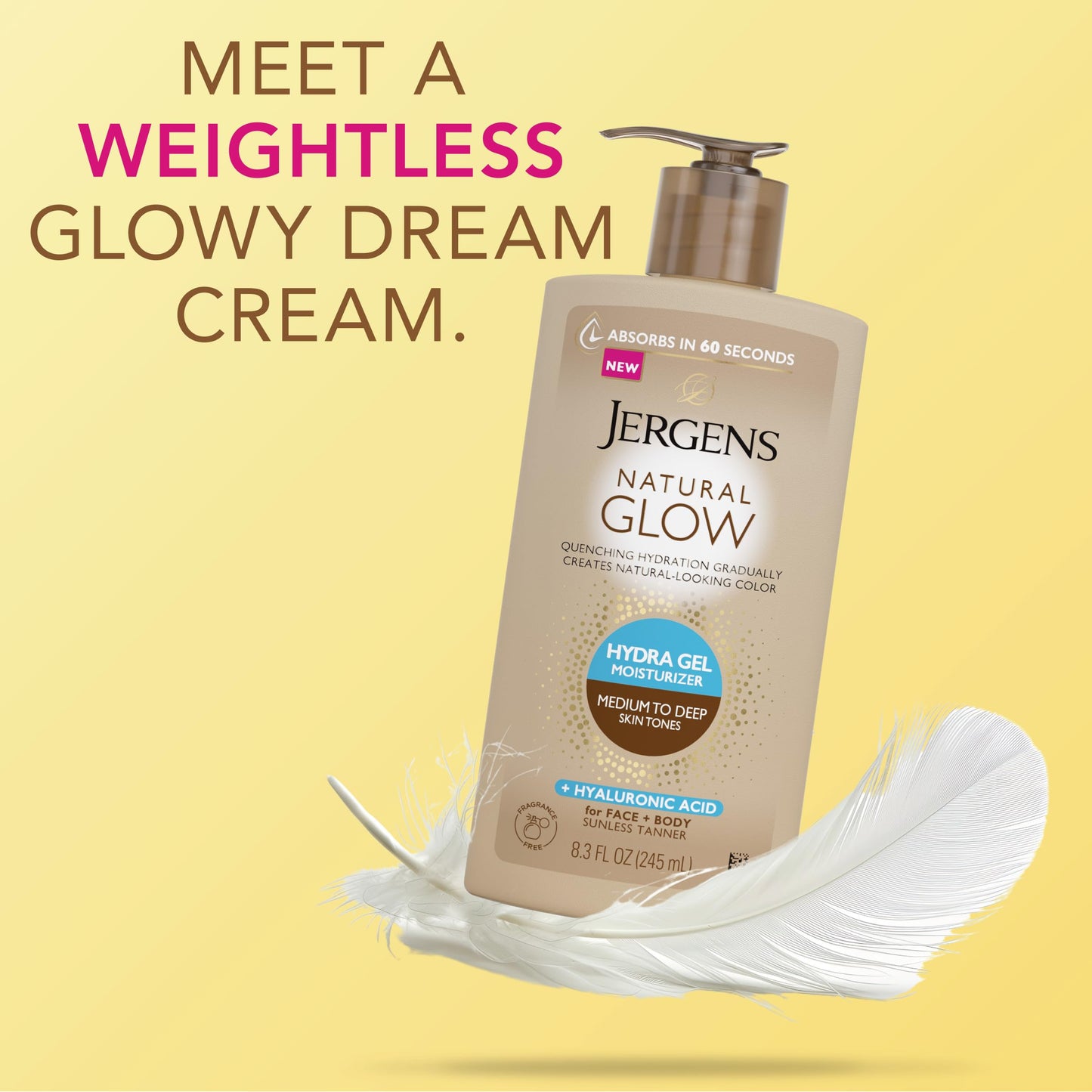 Jergens Natural Glow Hydra Gel Moisturizer with Hyaluronic Acid – Fragrance-Free Self Tanner for Medium to Deep Skin, 8.3 oz