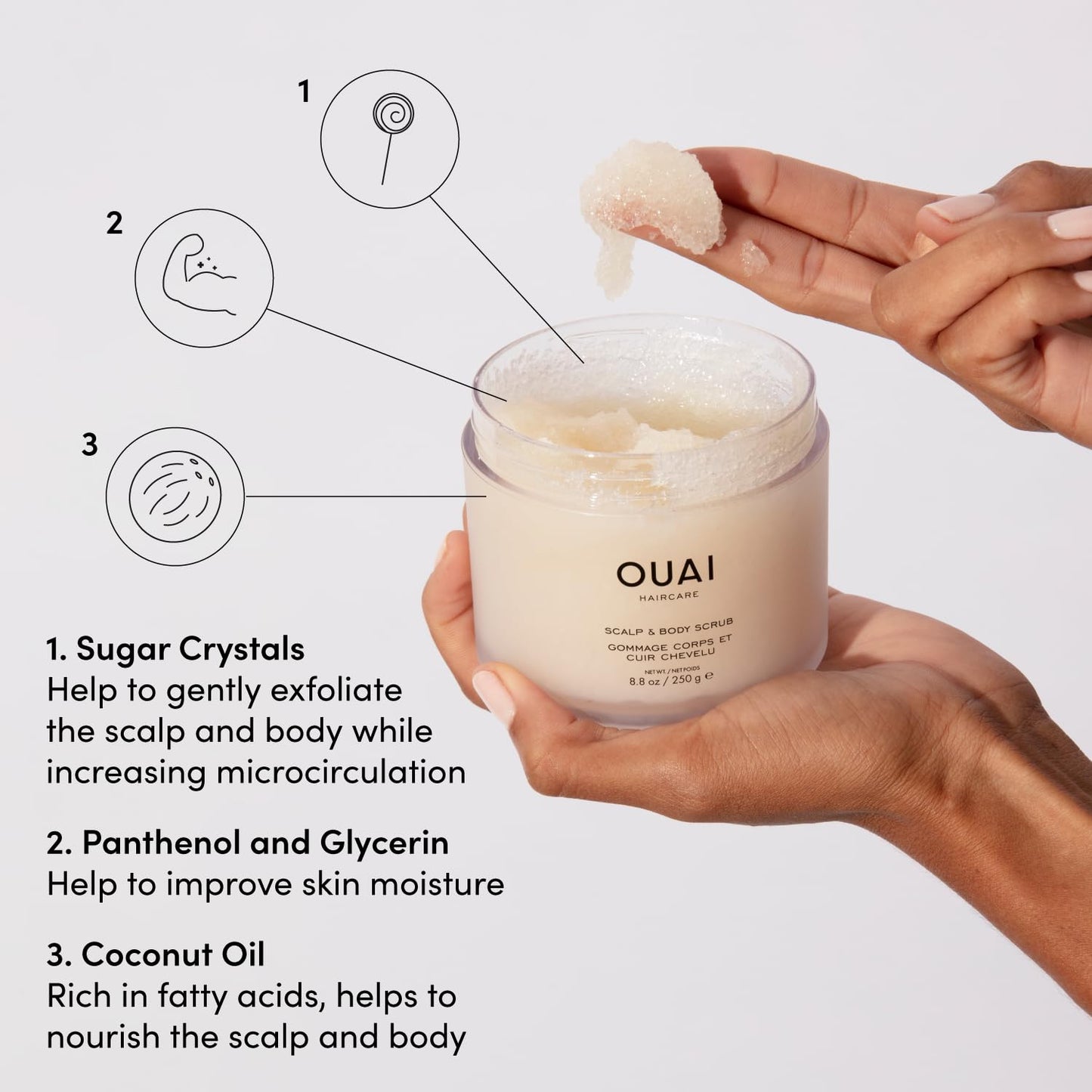 OUAI Scalp & Body Scrub, Melrose Place – Exfoliating Sugar & Coconut Oil Blend for Smooth Skin & Scalp, Removes Buildup, 8.8 Oz