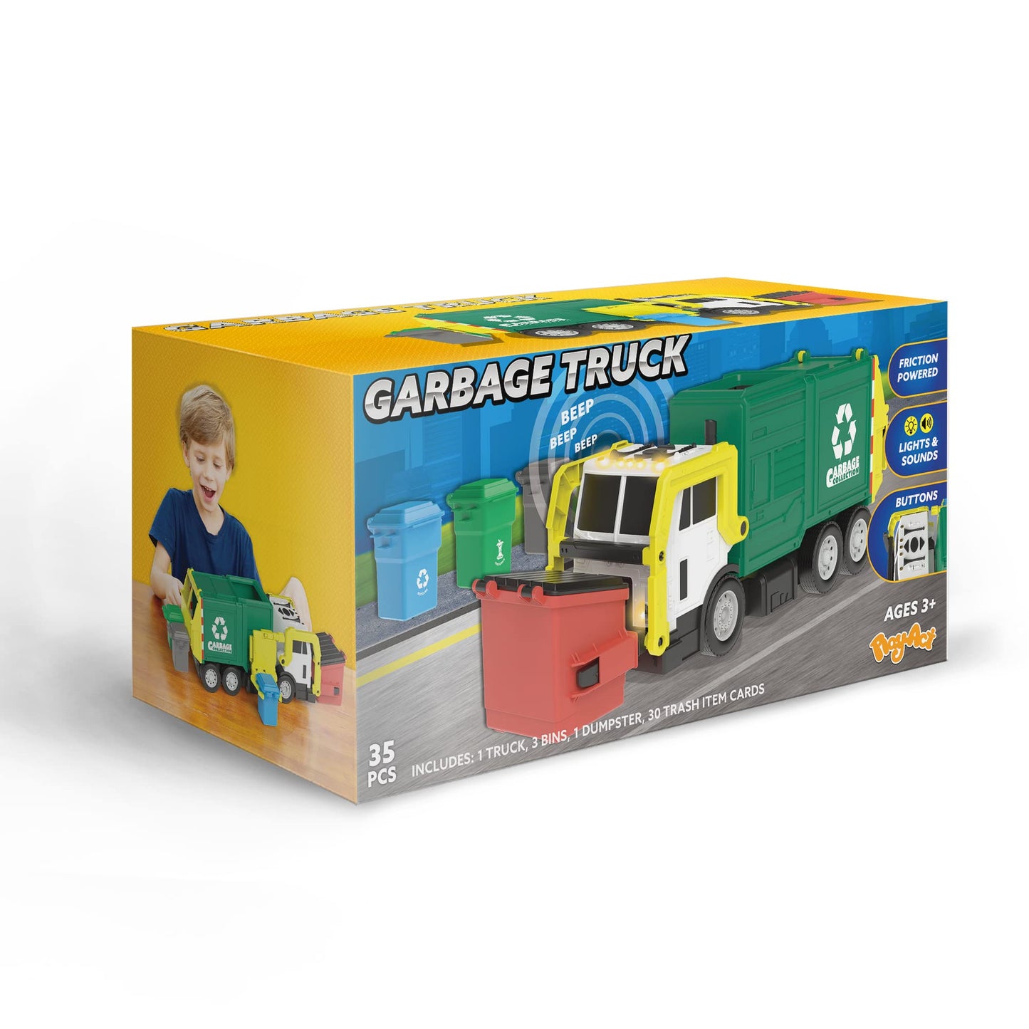 JOYIN Large Friction Garbage Truck Toy Set with Dumpster, Trash Bins & Learning Cards – Toddler Boys & Girls Birthday & Christmas Gift
