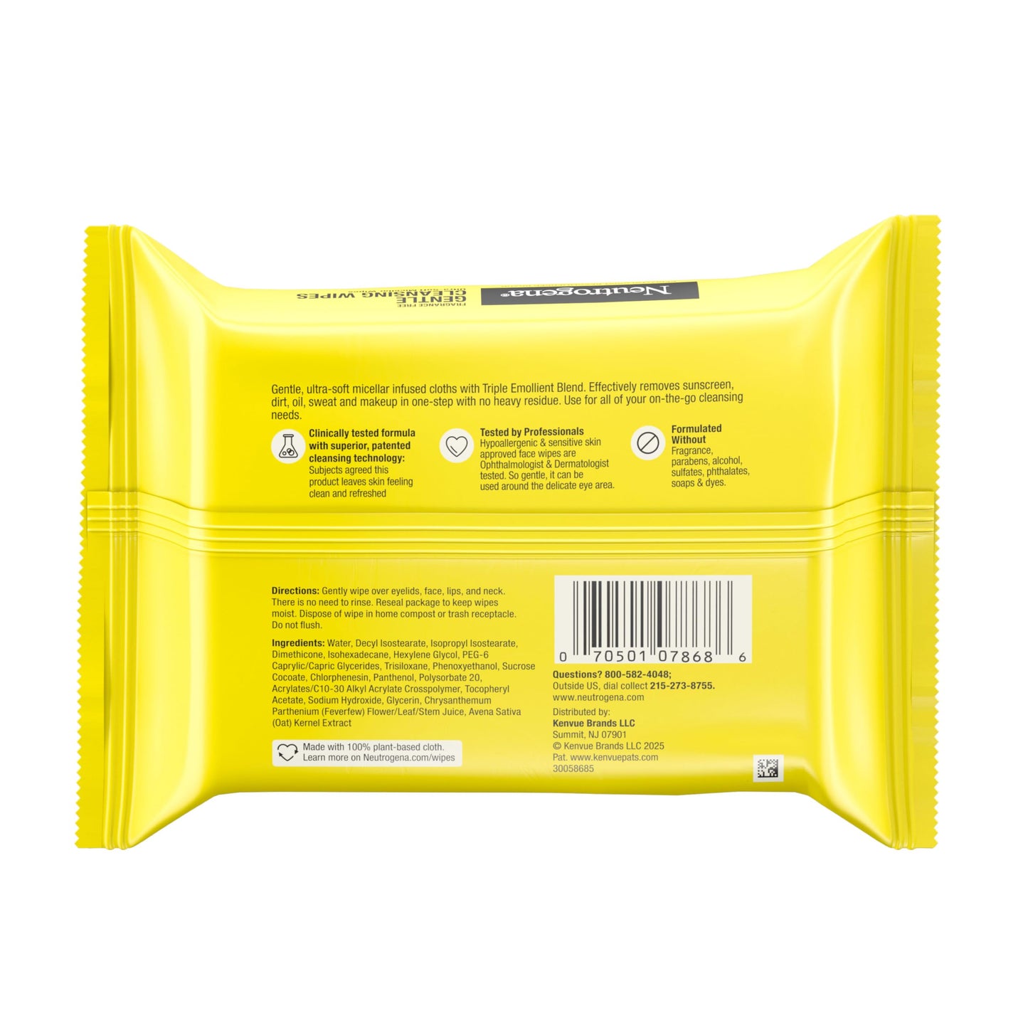 Neutrogena Gentle Micellar Cleansing Wipes, Fragrance-Free Face Wipes for Sensitive Skin, Ultra-Soft & Hypoallergenic Makeup Remover, 25 ct