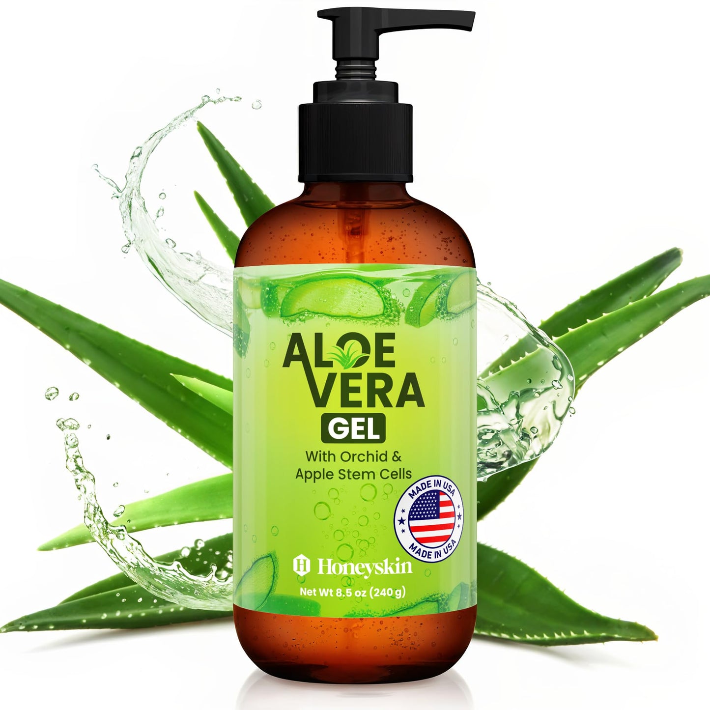Honeyskin Soothing Aloe Vera Gel, Made in USA - Natural Relief for Sunburn & Dry Skin, Hydrating Summer Skincare, 8 Fl Oz