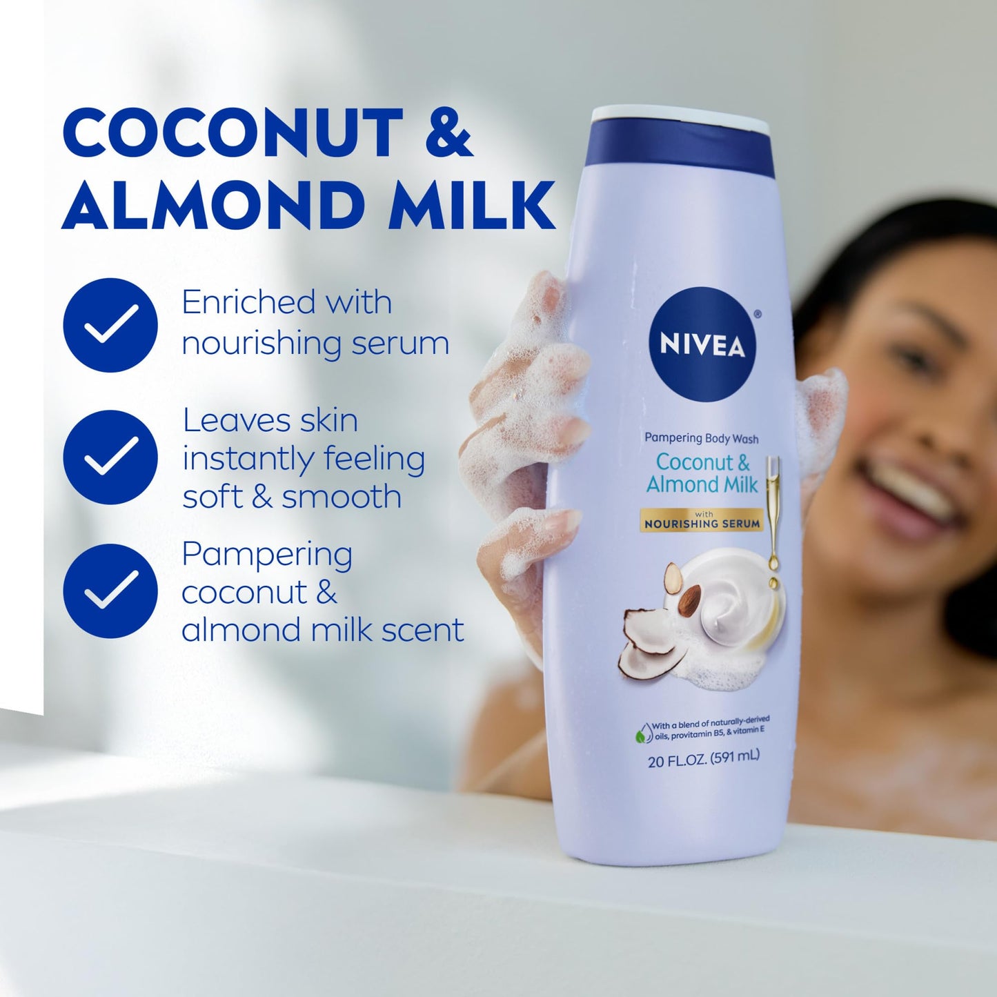 NIVEA Coconut & Almond Milk Body Wash with Nourishing Serum – Moisturizing Body Wash for Women, Enriched with Provitamin B5 & Vitamin E, 20 Fl Oz