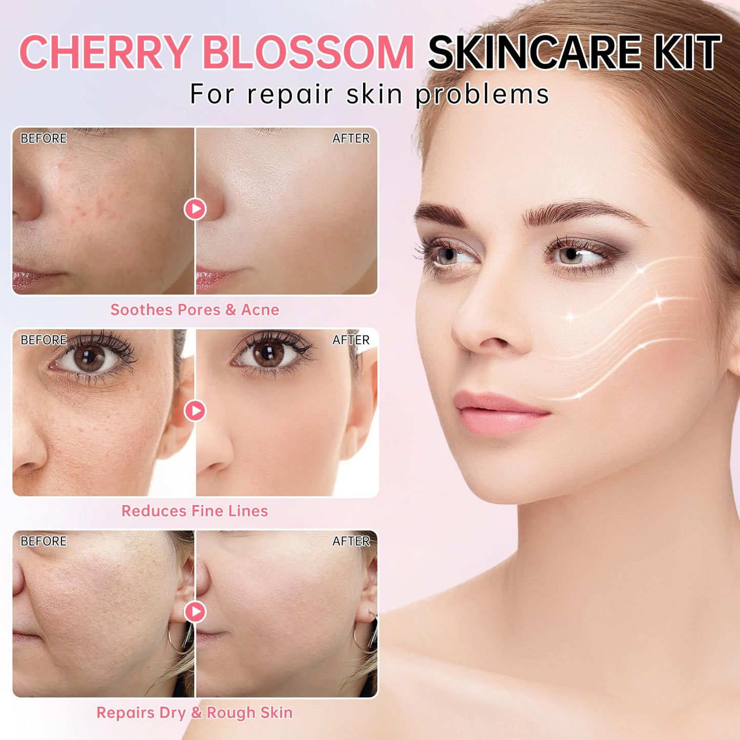 Sakura Skin Care Gift Set for Teen Girls & Women – 6 Pc Cherry Blossom Collagen Kit with Cleanser, Toner, Lotion, Serum, Cream & Eye Cream