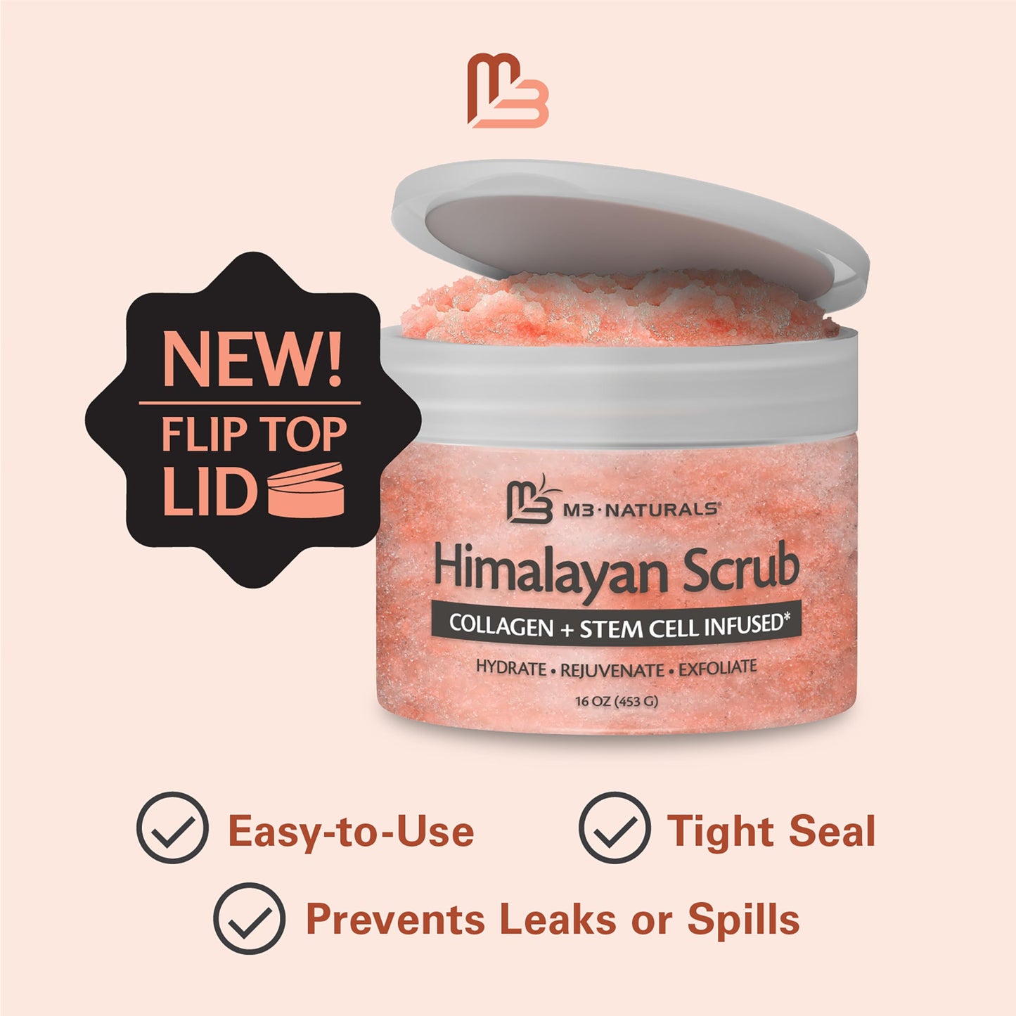 M3 Naturals Himalayan Salt Scrub with Collagen & Stem Cells – Face, Body & Foot Exfoliator for Cellulite, Toning & Smooth Skin, 16 fl oz