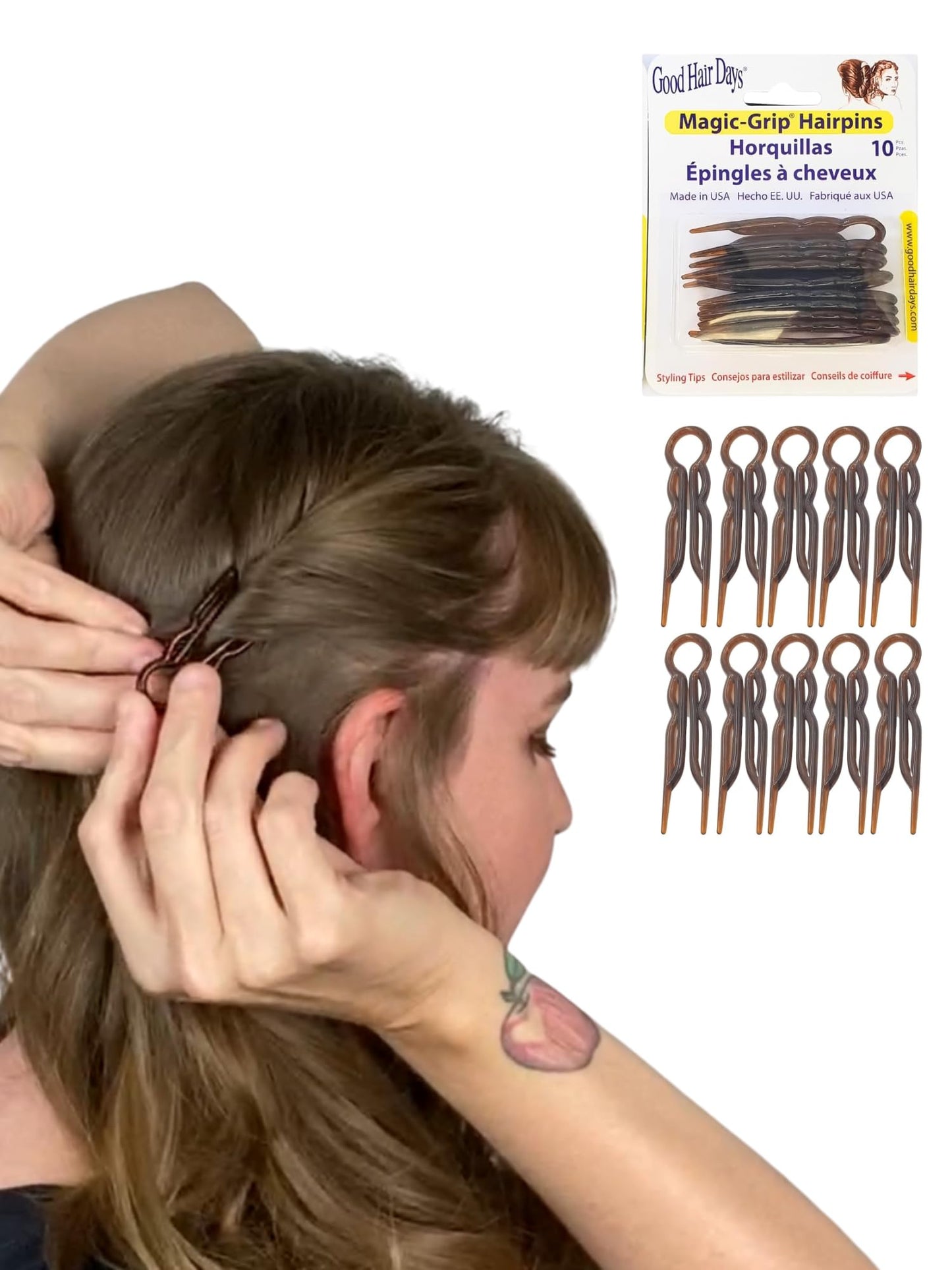 Good Hair Days 2.5" Magic Grip Hair Pins – Durable U-Shaped Plastic Pins for Fine, Thick & Long Hair – Tortoise Shell, Set of 10