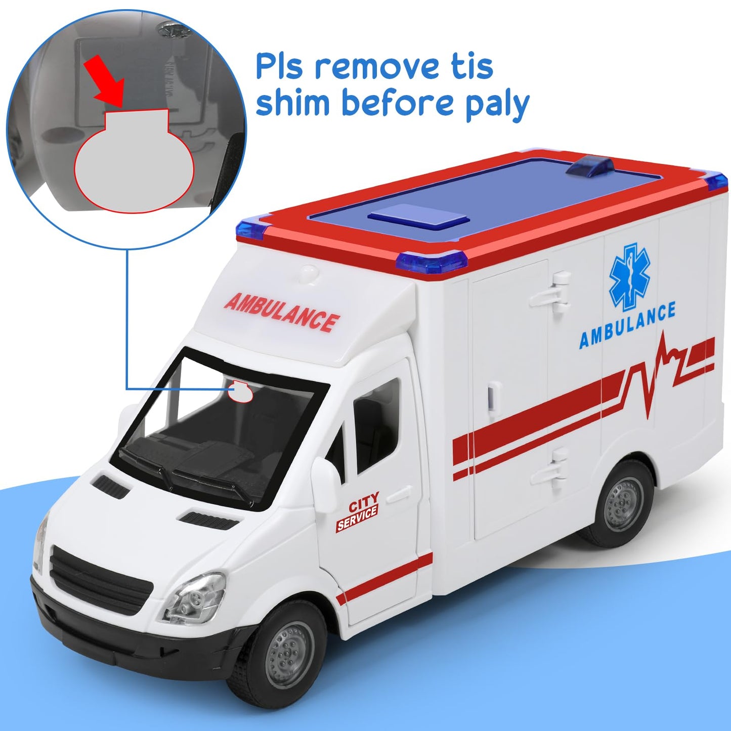 Friction-Powered Toy Ambulance for Kids 3-5, 4 Flashing Lights & Sound, Opening Doors, Hospital Playset Birthday Gift for Boys & Girls
