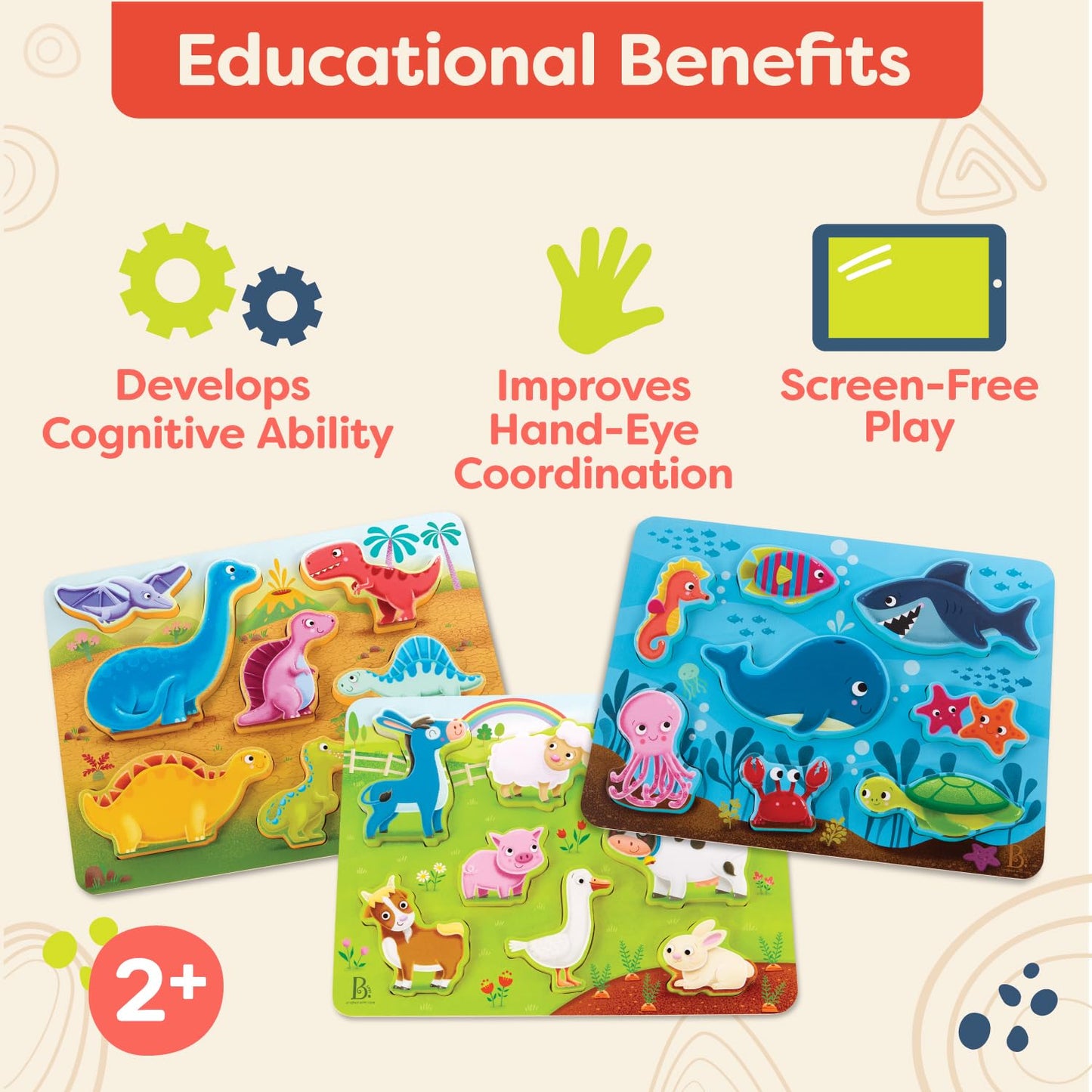 B. toys – Peek & Explore 3 – Pack – Farm, Sea, Dinos – Chunky Puzzle 3 – Pack – Wooden Puzzles – 8 Pieces Each – 2+ Years