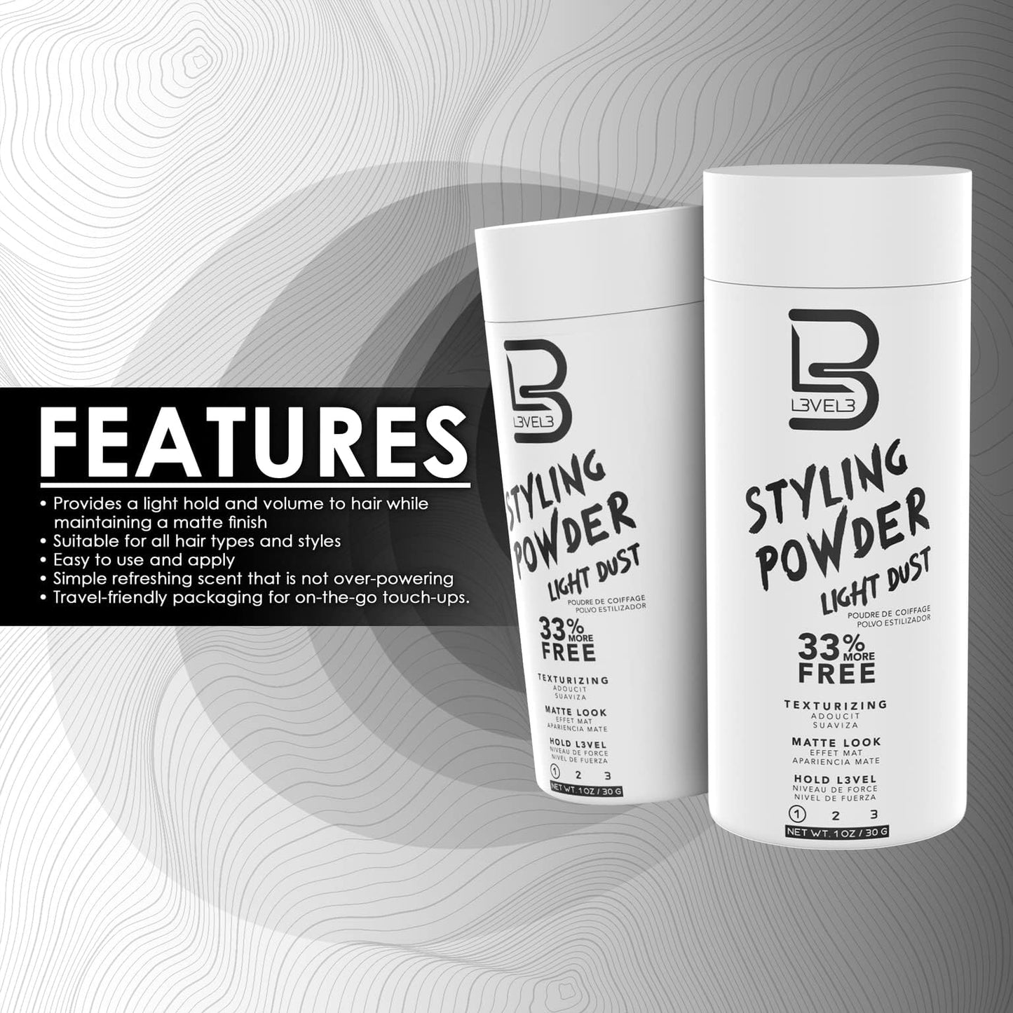 L3 Level 3 Light Hold Styling Powder - Natural Matte Hairstyle - Texturizing and Volumizing (30 Grams)