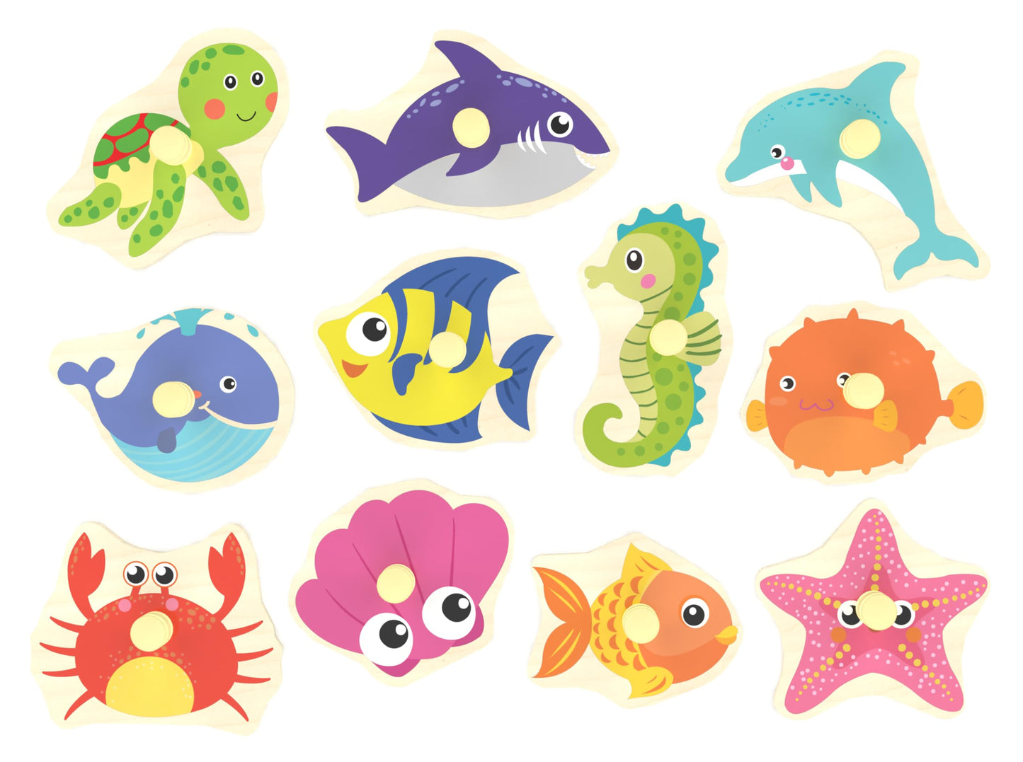 Wooden Peg Puzzle – Sea Creature Chunky Baby Puzzle with 11 Colorful Pieces, Shape & Animal Knob Board for Educational Toddlers 18+ Months