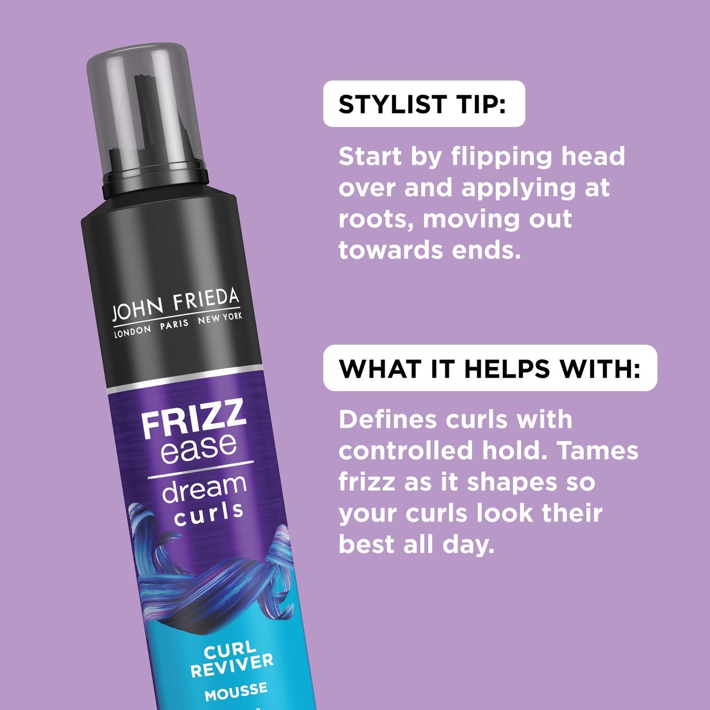 John Frieda Frizz Ease Curl Reviver Mousse, Enhances Curls, Soft Flexible Hold, Mousse for Curly or Frizzy Hair, 7.2 Ounces, Alcohol-Free