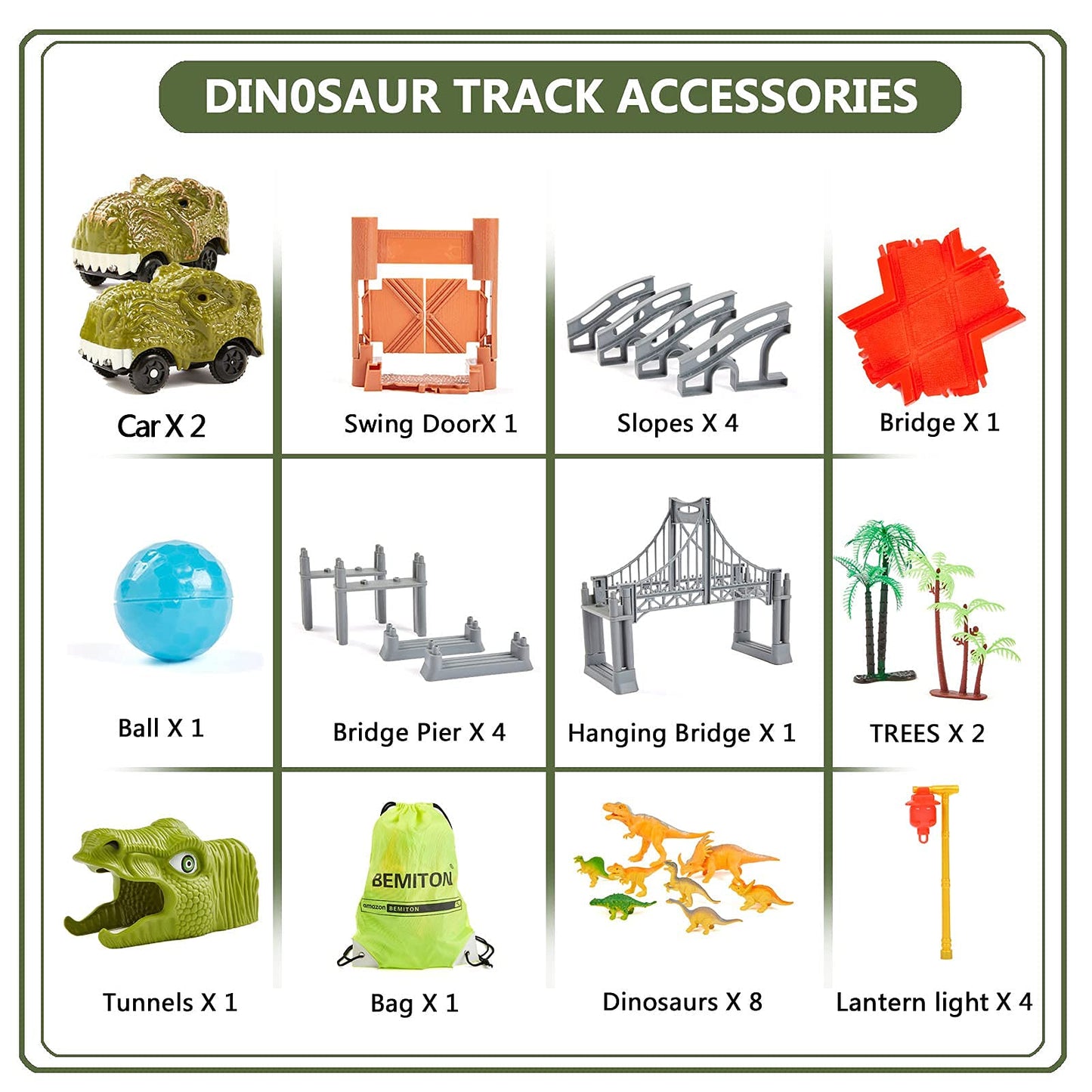 BEMITON Dinosaur Race Car Track Set – Flexible Dino Road Adventure Toys for Boys & Girls Ages 3-7, Perfect Christmas & Birthday Gift