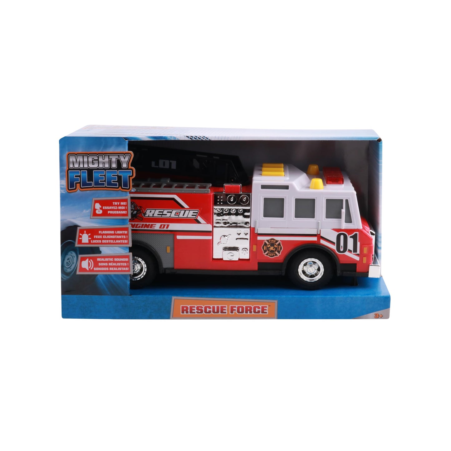 Mighty Fleet Rescue Force 12" Fire Truck Ladder Toy with Realistic Lights & Sounds, Free Wheeling Play & Working Ladder! Ages 3+