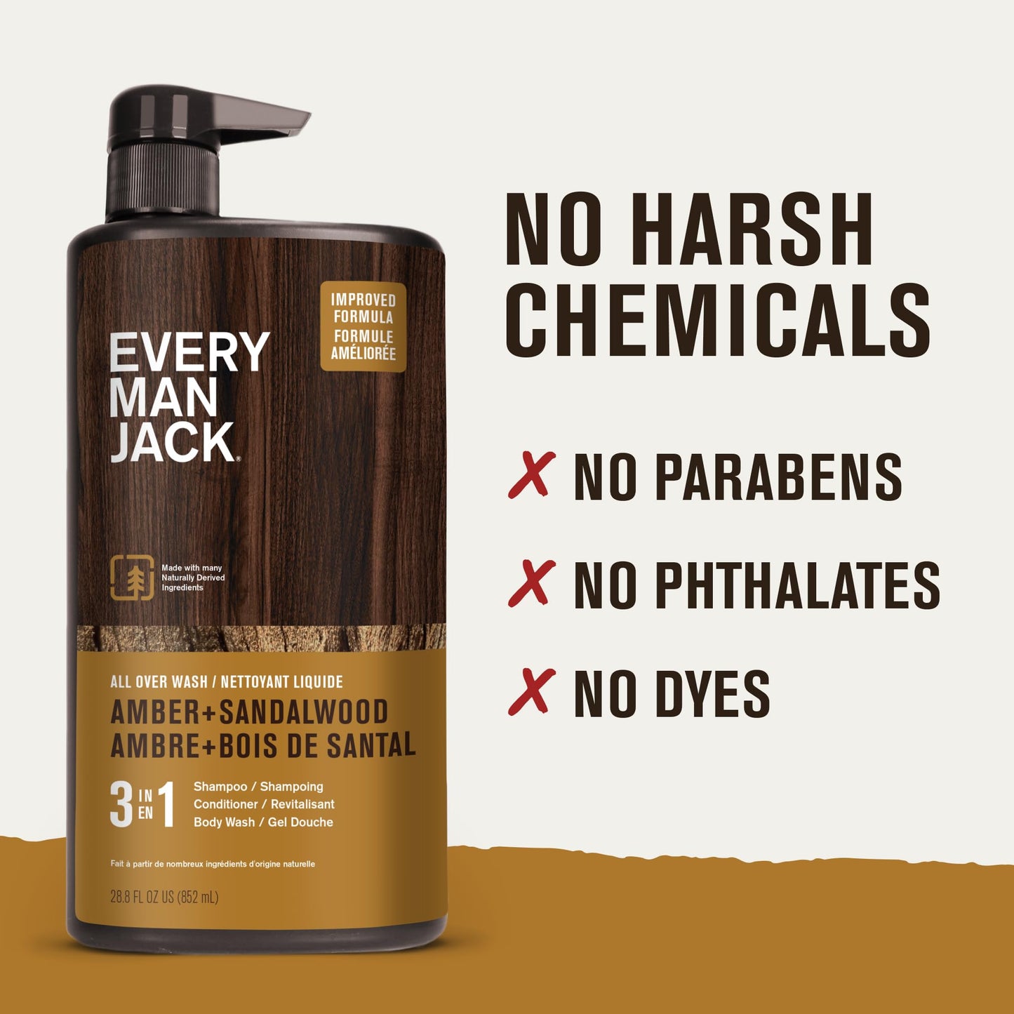 Every Man Jack Amber + Sandalwood 3-in-1 Hydrating All Over Wash for Men – Body Wash, Shampoo & Conditioner – Natural Ingredients, 28.8oz (2 Pack)