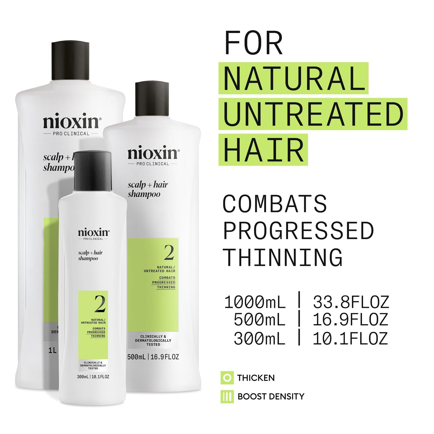 Nioxin Scalp + Hair Thickening System 2 Shampoo | For Natural or Untreated Hair with Progressed Thinning | With Niacinamide and Biotin | 16.9 Fl oz.