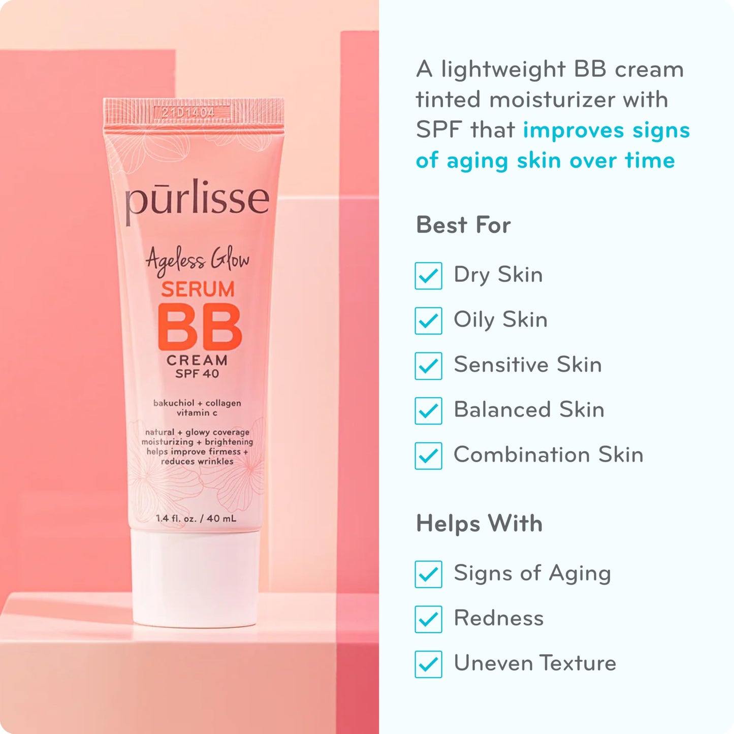 pūrlisse Ageless Glow Serum BB Cream SPF 40 – Lightweight Glow BB Cream with Bakuchiol & Vitamin C for Firm, Dewy Skin & Fewer Wrinkles – Light, 1.4 oz