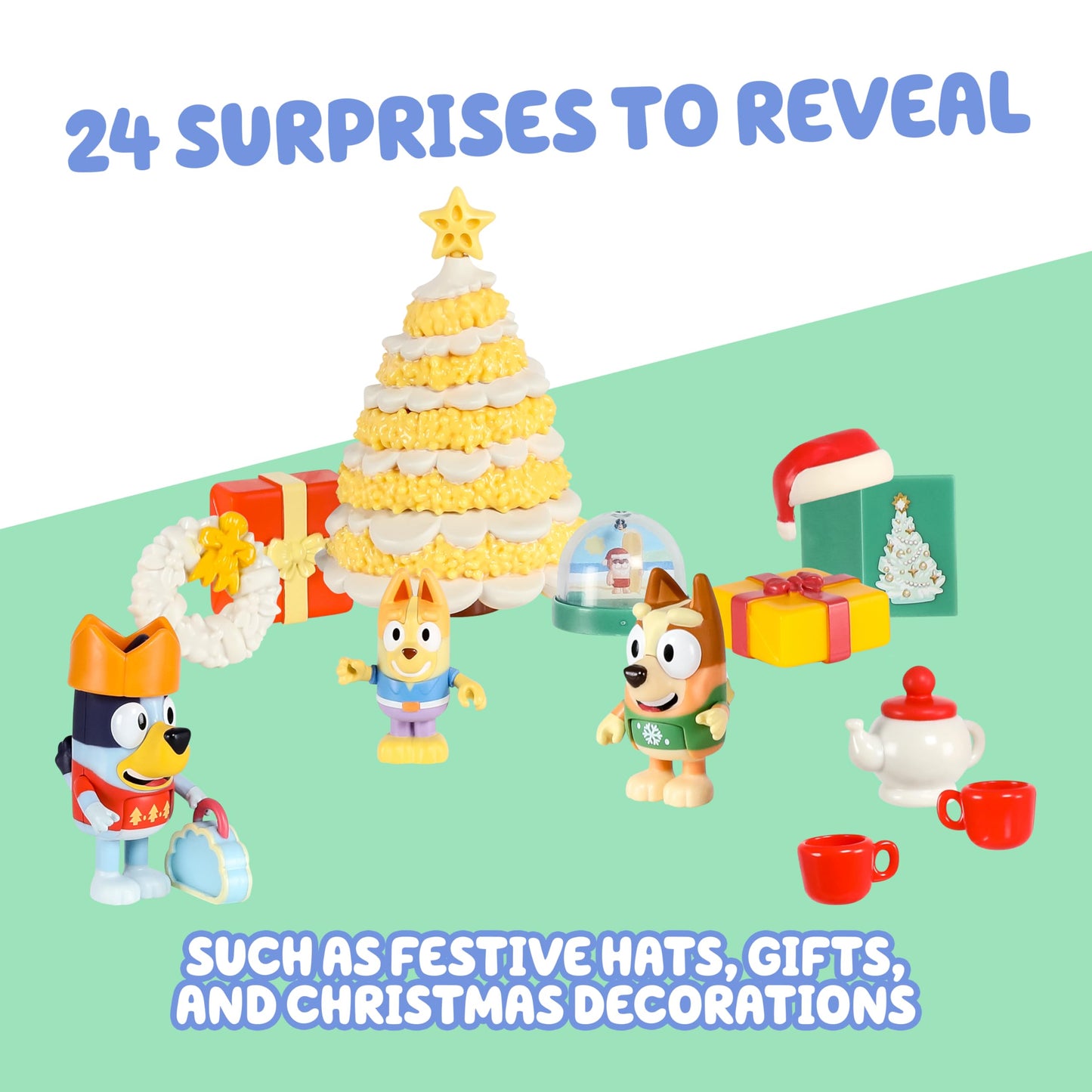 Bluey Toys for Girls and Boys, 24 Days of Surprises, Kids Advent Calendar w/Accessories, Stickers & Mini Christmas Tree